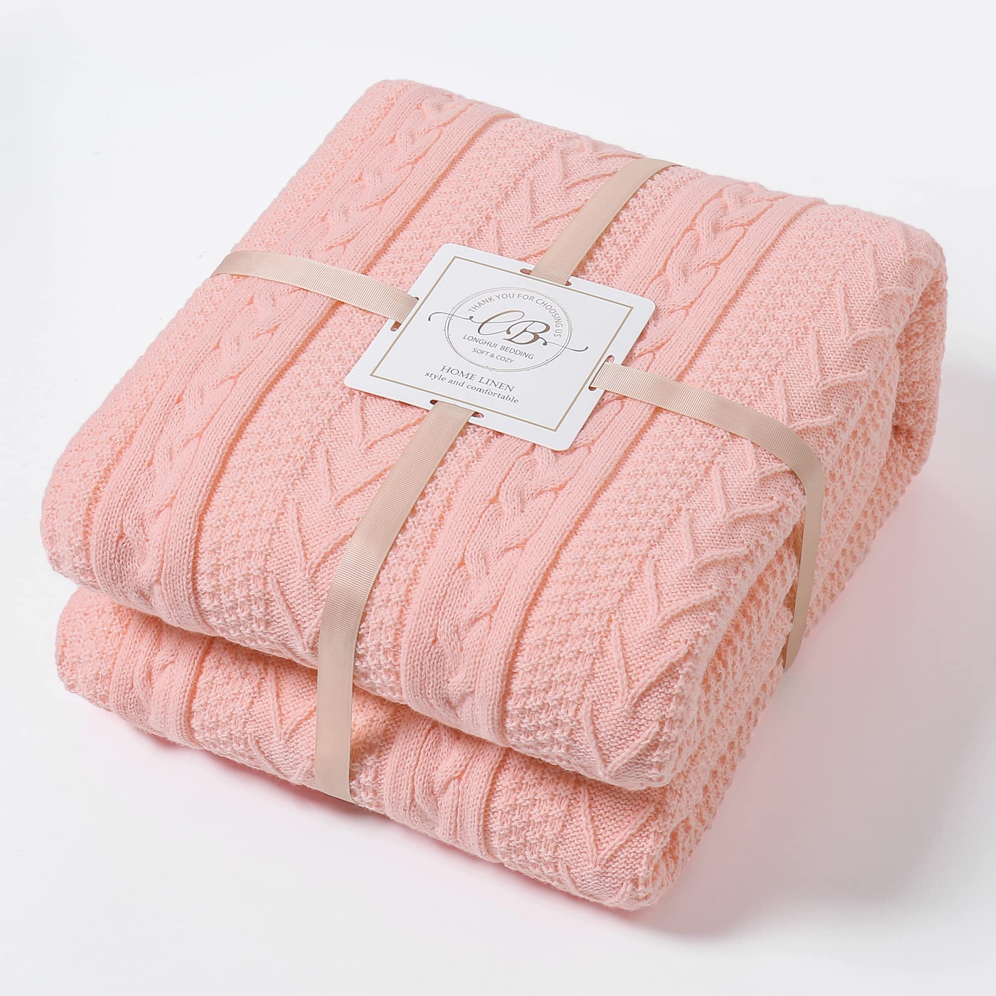 Longhui Pink Acrylic Cable Knit Sherpa Throw Blanket - Ultra Soft & Cozy Fleece Blanket for Couch, Sofa, Bed - 50