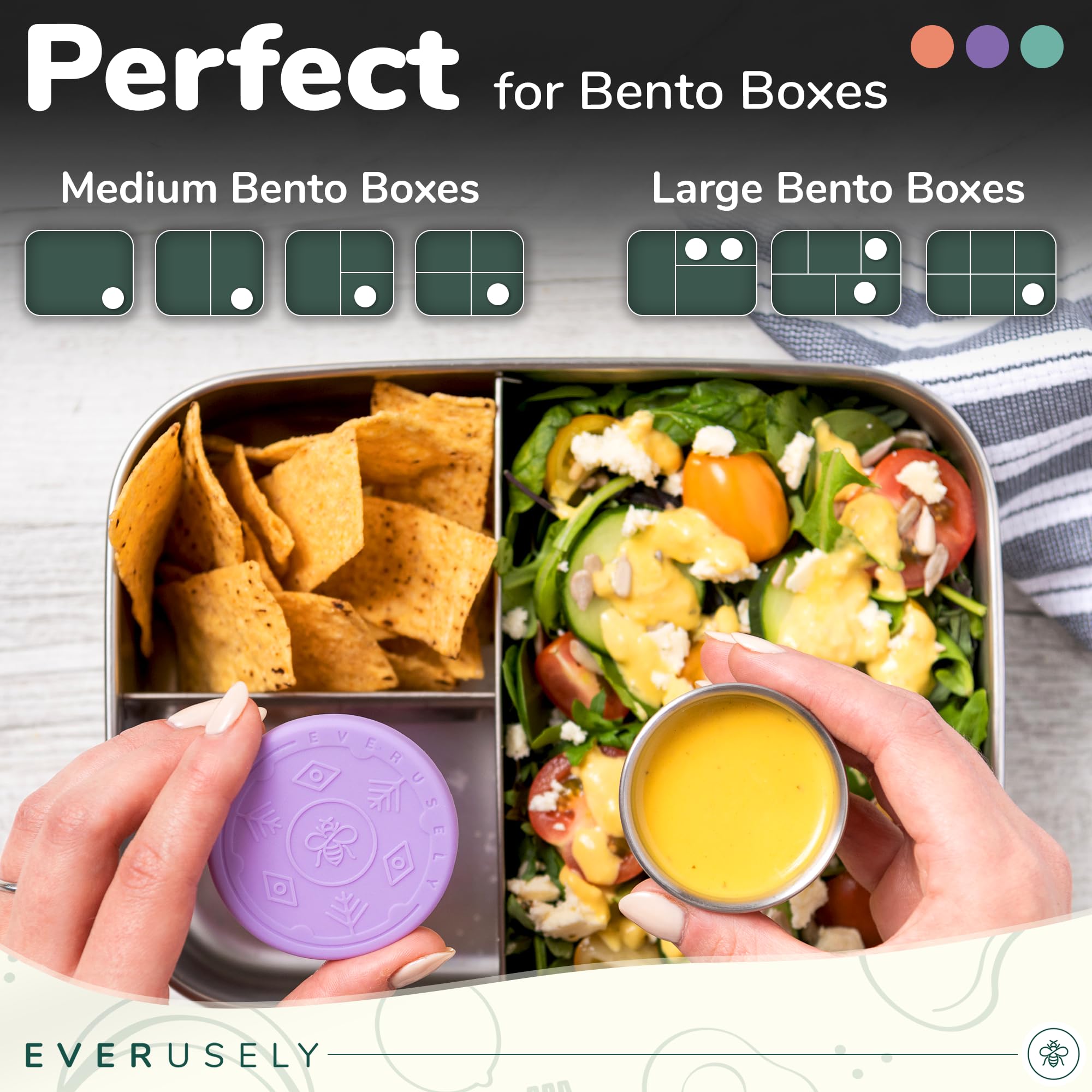 Everusely Stainless Steel Condiment Cups - 3 Pack, 1.7 oz with Lids - Perfect for Lunchbox & Meal Prep