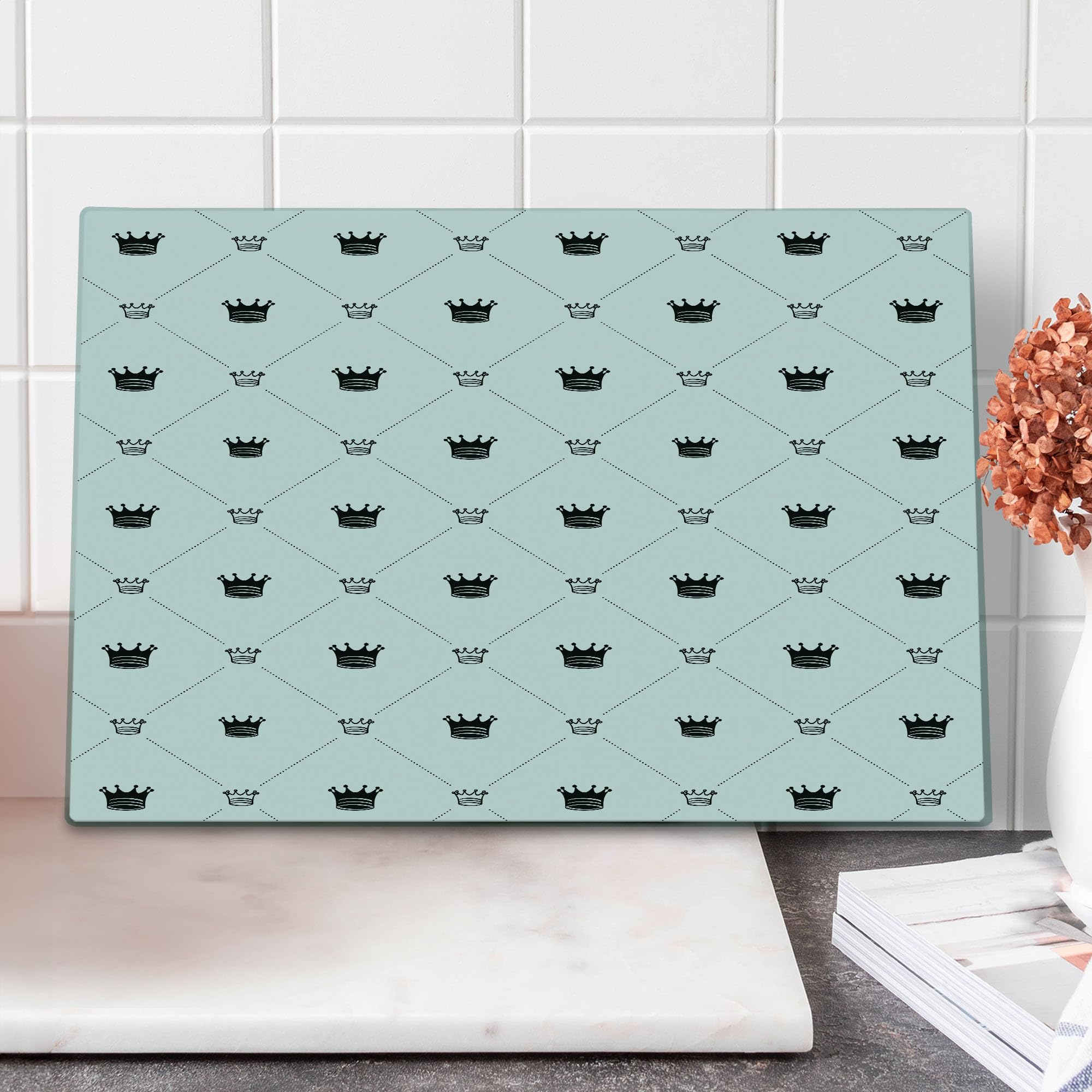 Ambesonne Abstract Diamond Check Cutting Board - Traditional Symbolic Crowns Power & Victory Sign - Monochrome Black & White - Large Tempered Glass Serving Board for Kitchen & Dining Decor - Perfect for Entertaining, Charcuterie & Cheese Platters