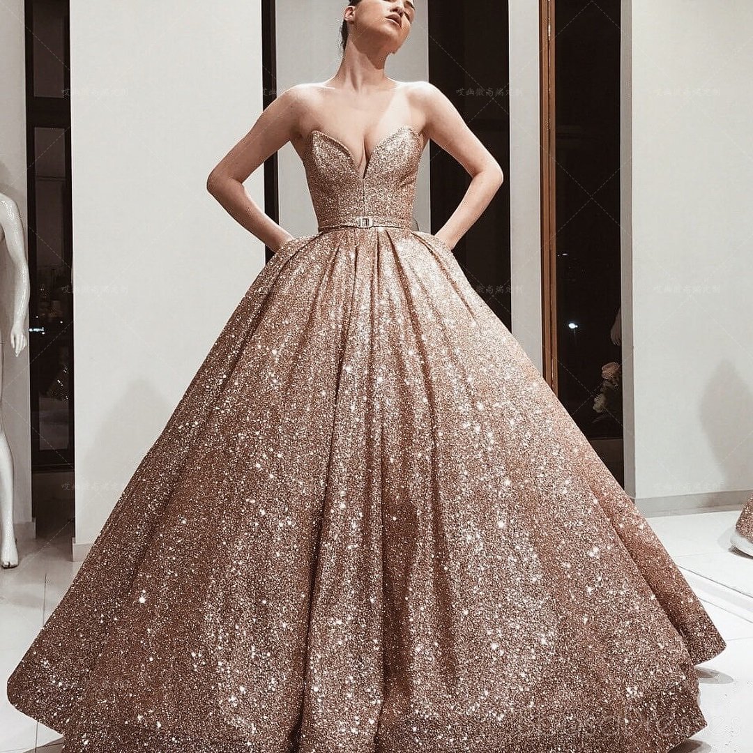 Elegant Gold Sequin Ball Gown Sparkly Long Evening Prom Dress for Women - Perfect for Formal Events, Homecoming, Pageants & Special Occasions