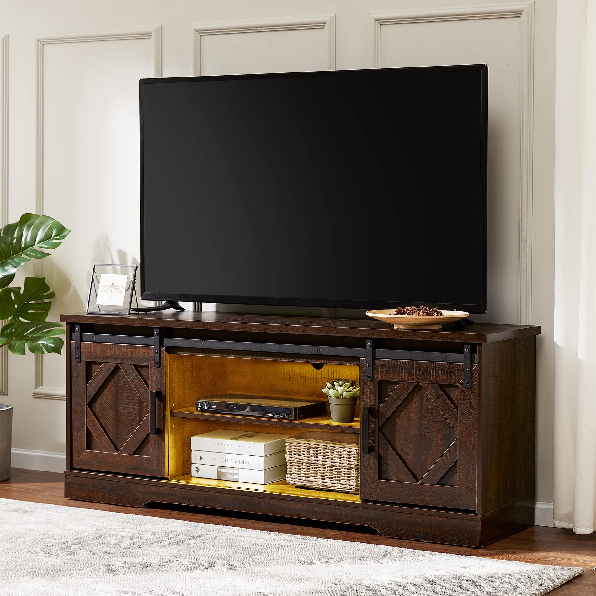 WAMPAT 65 Inch LED TV Stand with Storage - Rustic Brown Farmhouse TV Console for Living Room, Bedroom & Home Theater Entertainment Center