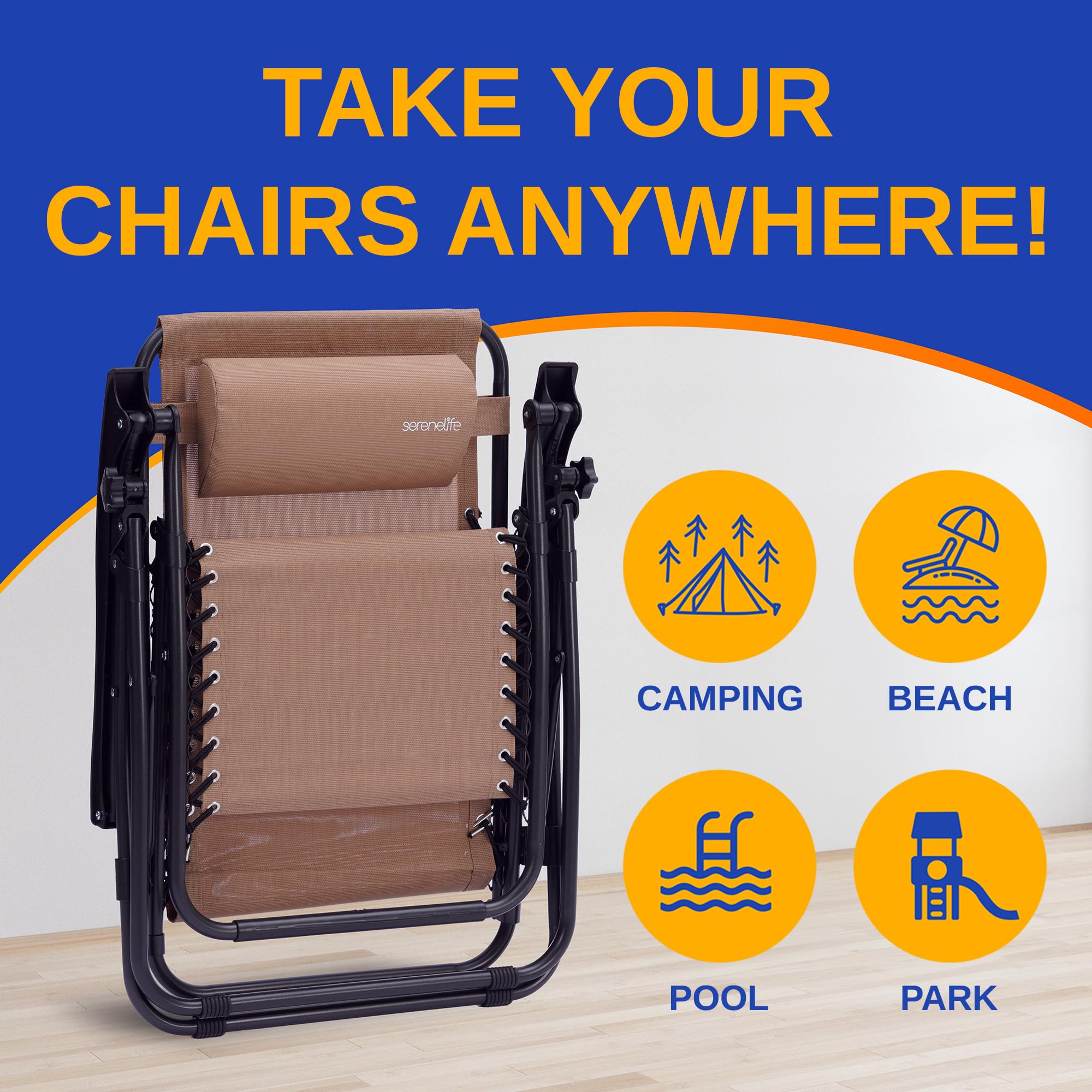 SereneLife Zero Gravity Lounge Chair - Portable Outdoor Recliner with Adjustable Backrest, Cream - Perfect for Patio, Beach, Poolside & Backyard Relaxation