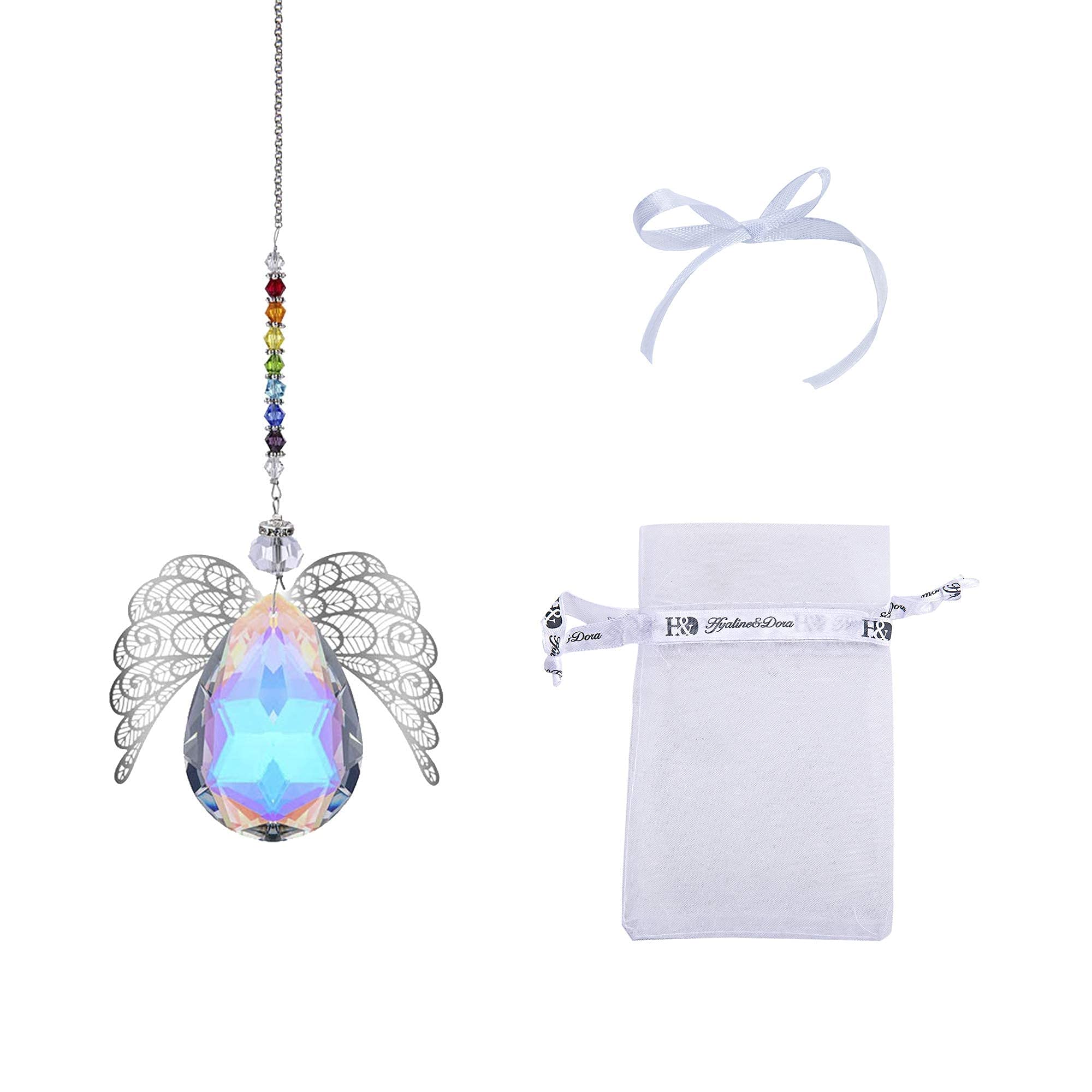 **Handmade Gold Plated Crystal Guardian Angel Suncatcher - Rainbow Pendant Wind Chime for Garden, Window & Outdoor Decor | Spiritual Gift & Home Ornament**