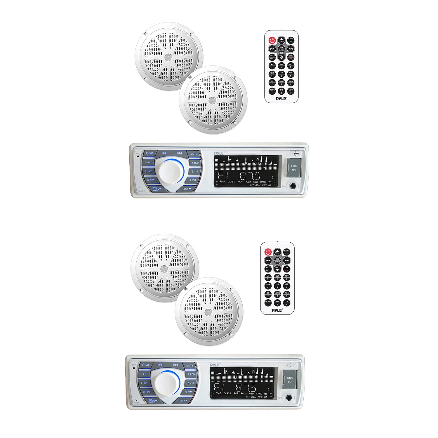 Pyle PLMRKT36WT 5.25 Inch Waterproof Bluetooth Marine Stereo Receiver & Speaker Kit - Wireless Streaming, Hands-Free Calling, AM/FM Radio, MP3/USB/SD Input - White (2 Pack) - Perfect for Boats, Yachts, and Outdoor Marine Entertainment