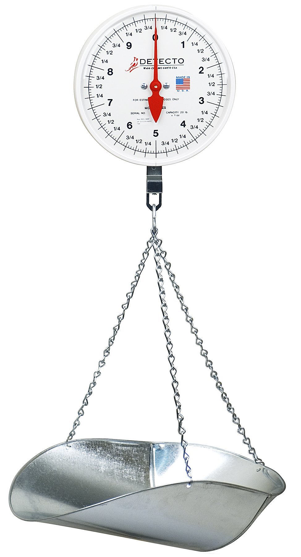 Detecto MCS-40P Hanging Dial Scale - 40 lb Capacity with Scoop - Perfect for Veterinary Clinics, Farms, and Shipping Weighing Needs