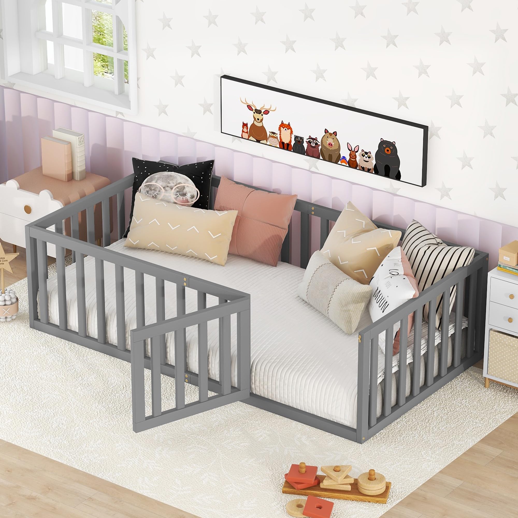 Montessori Twin Floor Bed with Safety Rails & Door - Wooden Low Profile Bed Frame for Kids, Girls & Boys - Grey - Perfect for Toddler Rooms, Daycare & Montessori Classrooms
