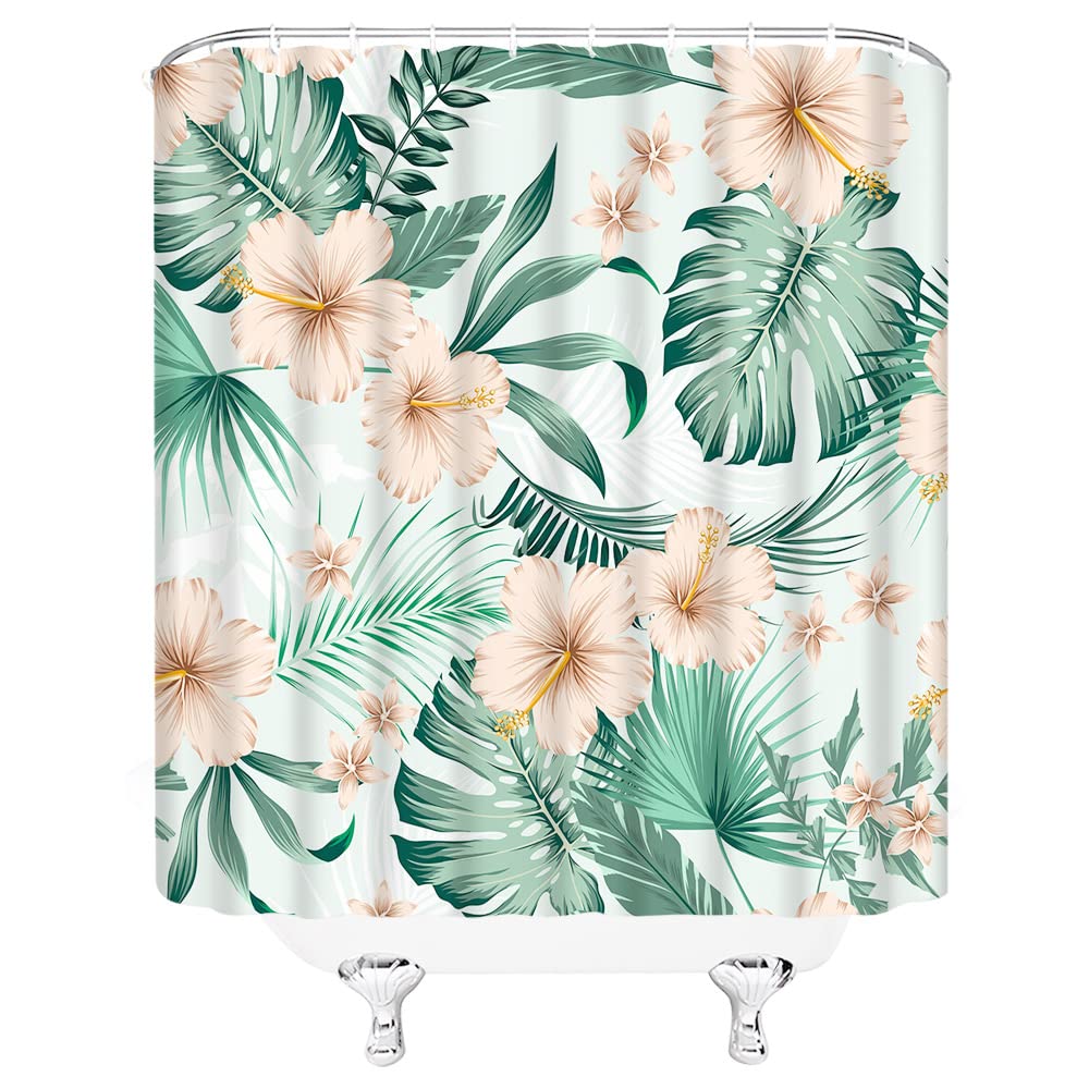 Tropical Plant Shower Curtain - Green Palm Leaves & Hibiscus Hawaiian Floral Design, Beige Fabric Bathroom Decor with Hooks (70