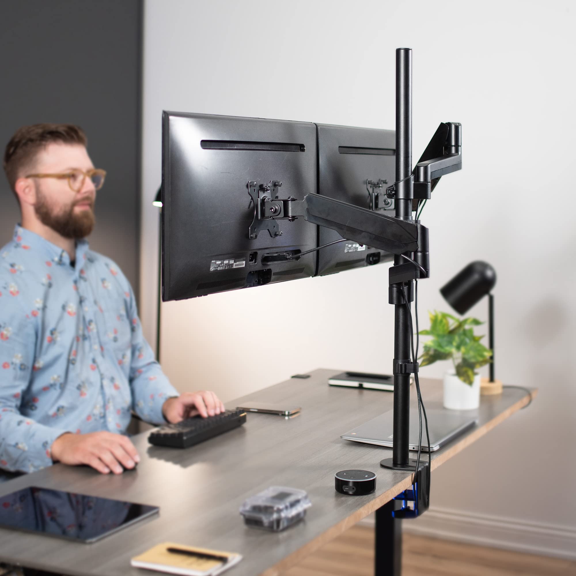VIVO Dual Monitor Arm Stand - Extra Tall Heavy Duty Mount for 32 Inch Screens, Pneumatic Height Adjustment, Full Motion Articulating VESA Mount with C-Clamp & Grommet Base - Perfect for Home Office, Gaming & Workstation Setup