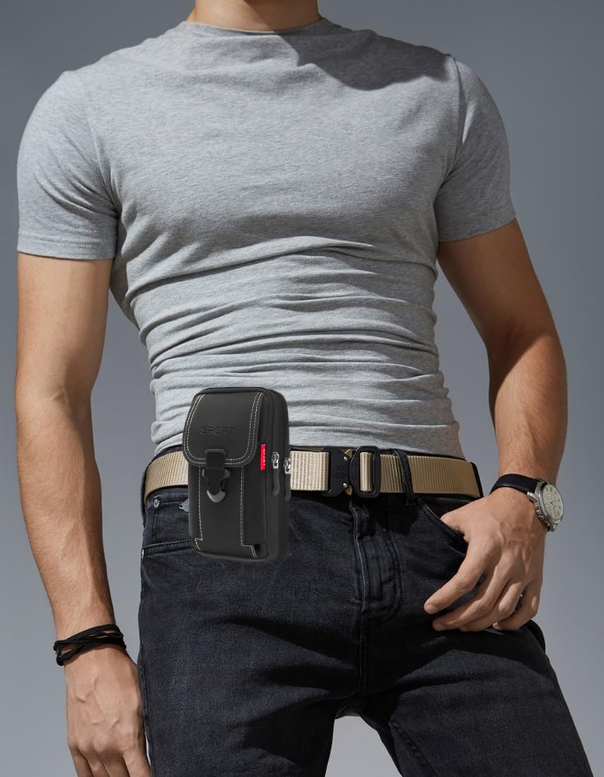 Tactical Cell Phone Holster for Men - Dual Phone Pouch Belt Bag with Belt Loop, Durable Black Phone Holder for Outdoor, Work, and Travel