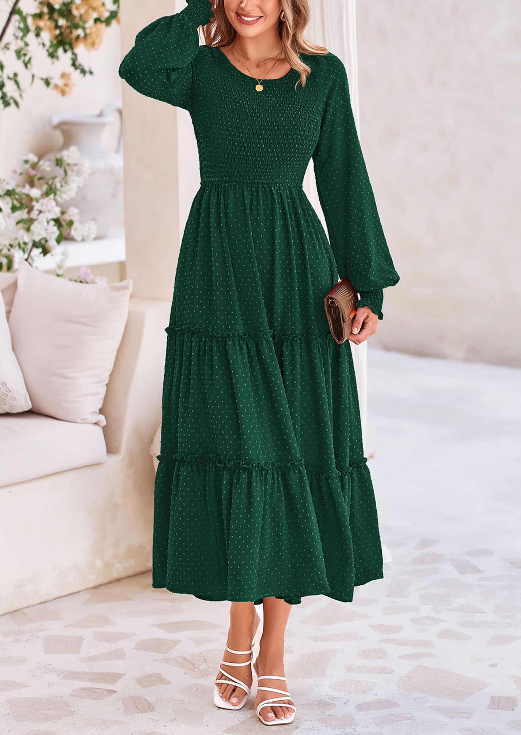 PRETTYGARDEN Women's Flowy Smocked Maxi Dress with Pockets - Long Sleeve Swiss Dot Ruffle Dress for Spring Casual Wear, Date Night & Outdoor Events