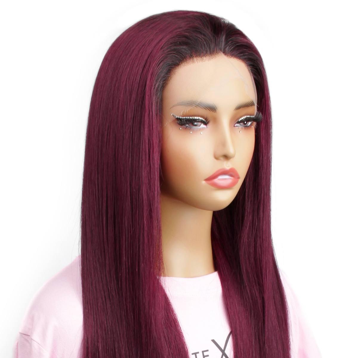 Ombre Burgundy Straight 13x6 HD Lace Front Wig - Natural Looking Human Hair Wig for Women, Heat Resistant & Tangle Free - Perfect for Daily Wear, Cosplay, and Special Occasions