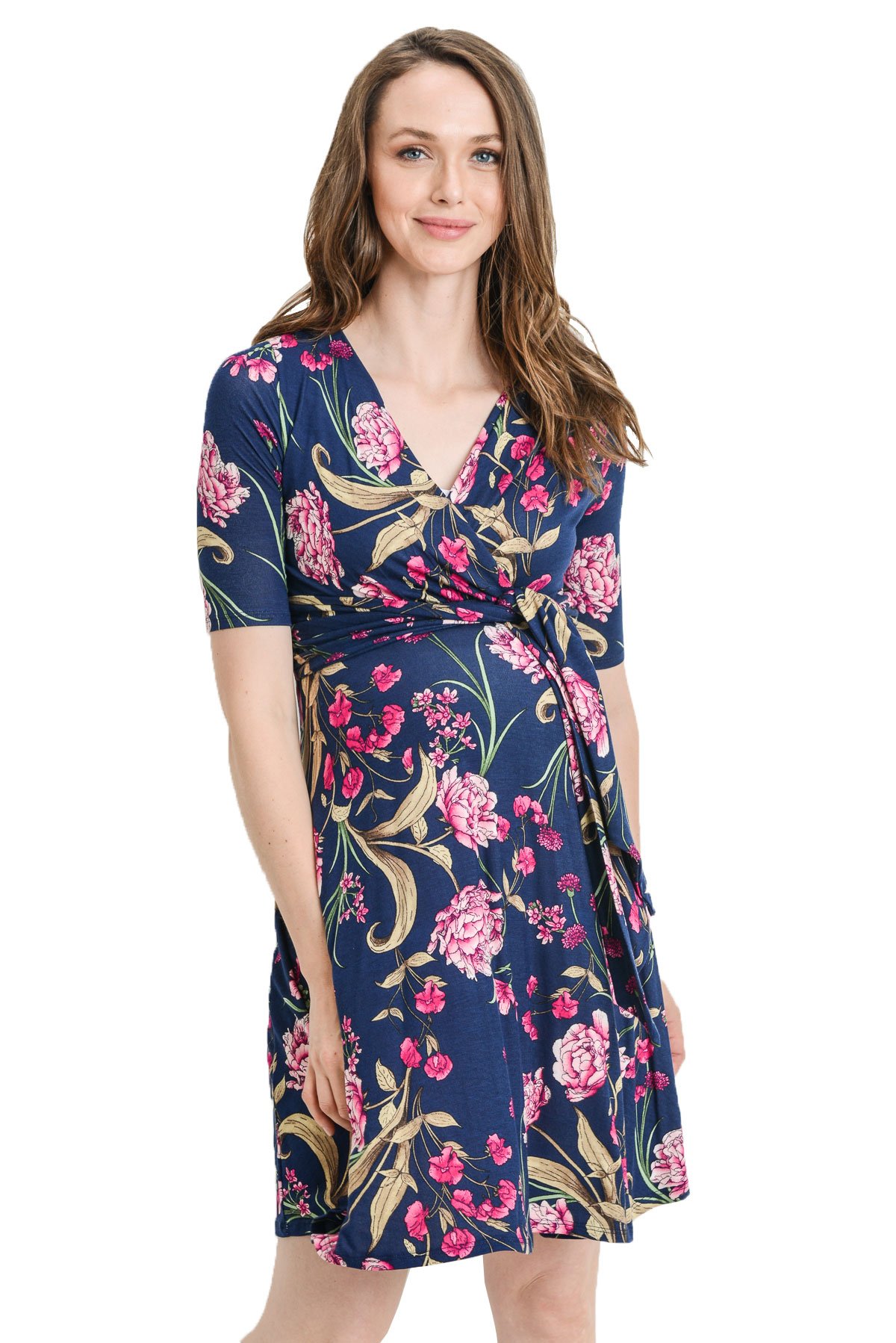 HELLO MIZ Women's Maternity Short Sleeve Wrap Dress - Knee Length Pregnancy Dress for Baby Shower, Bridal Shower & Special Occasions