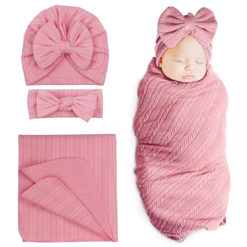 1 Set: Wheat-pattern Hat + Hairband + Blanket (Dark Pink)