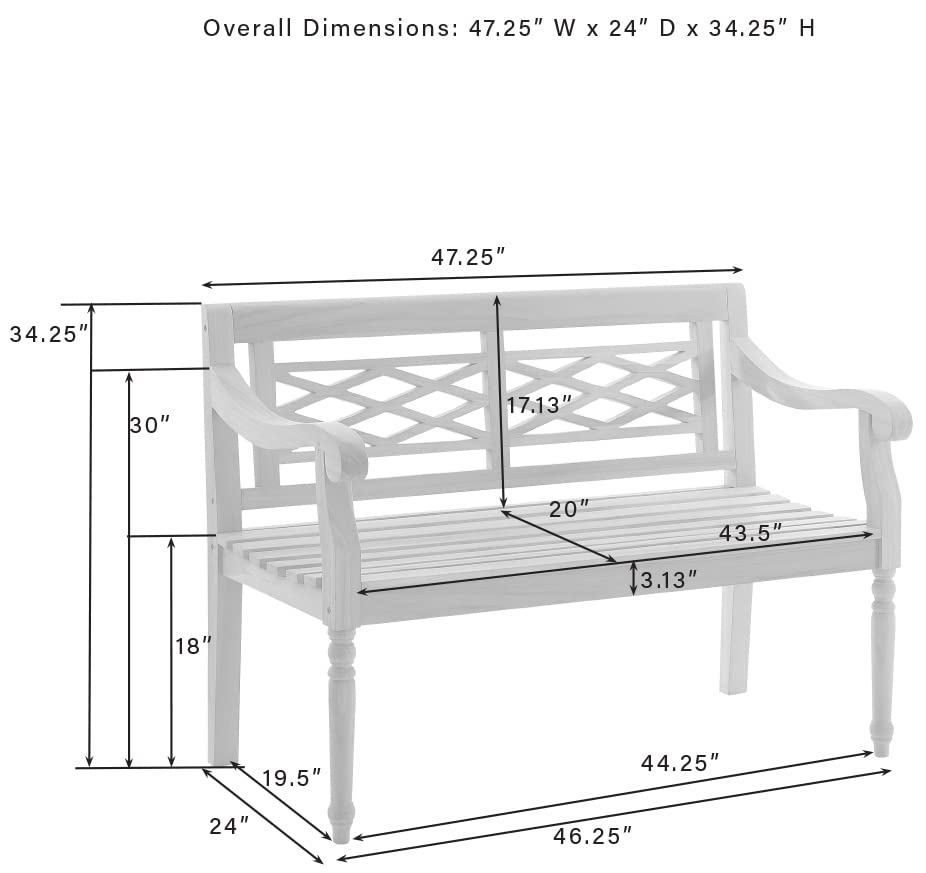 Crosley Olivier 2-Person Teak Wood Indoor Outdoor Bench - Patio, Garden, Porch Furniture - Weather-Resistant Teak Wood Bench for Outdoor Seating & Relaxation