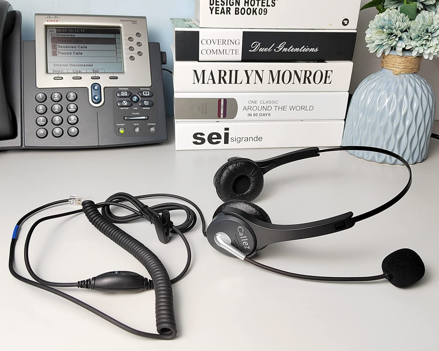 Noise Cancelling Telephone Headset with Mute Switch - Dual-Ear RJ9 Headset Compatible with Cisco Phones 6851/6945/7841/7861/7942/7945/7961/7962/7965/8811/8841/8845/8851/8861 - Perfect for Call Centers, Office Communication & Remote Work