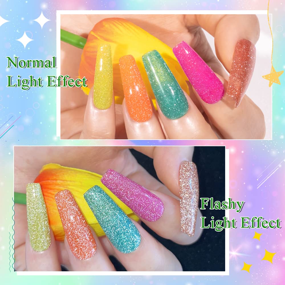 MIZHSE Neon Reflective Glitter Gel Nail Polish Set - 12 Colors (7ml Each) with Sparkly Disco Diamond Effect, Soak Off UV LED Gel for Manicure | Perfect for Nail Art, Salon, Party & Night Out Glam Looks
