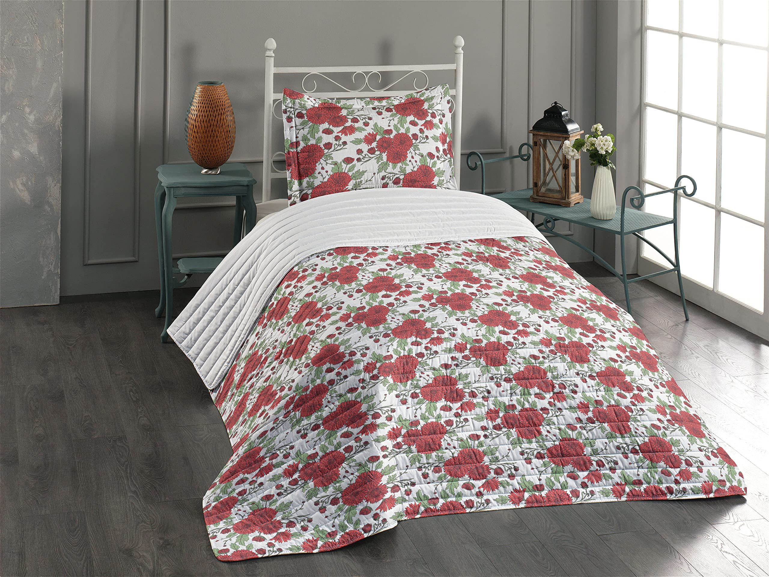 Vintage Asian Floral Microfiber Bedspread Set - Eastern Petals Spring Blossoms Design, Soft Twin Size Bedding with Pillow Sham & Comforter in Dark Pink and White - Perfect for Boho Chic Bedroom Decor, Guest Room or Dorm Room