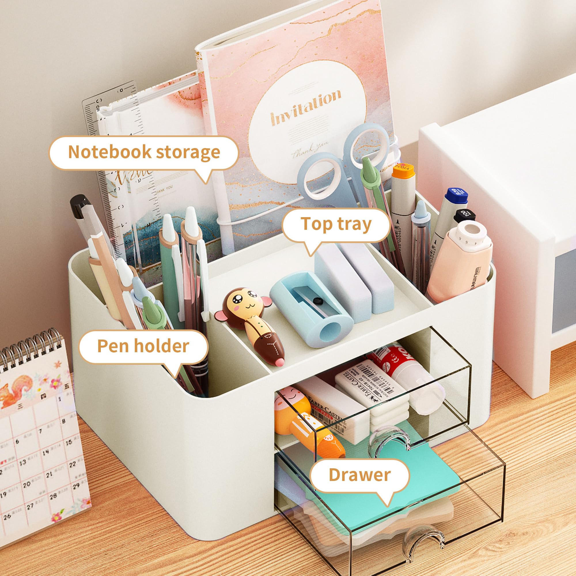 Marbrasse 2-Drawer Pen Organizer - Multi-Functional Desk Pencil Holder with 5 Compartments for Office & Art Supplies (Beige) - Perfect for Home Office, School & Craft Room Organization