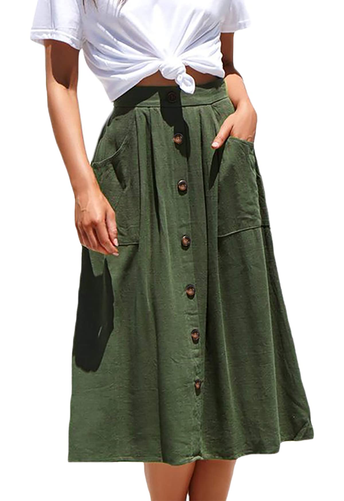 Naggoo Women's Polka Dot Midi Skirt - High Elastic Waist A-Line Pleated Chiffon Skirt with Pockets for Casual Wear, Office & Date Nights