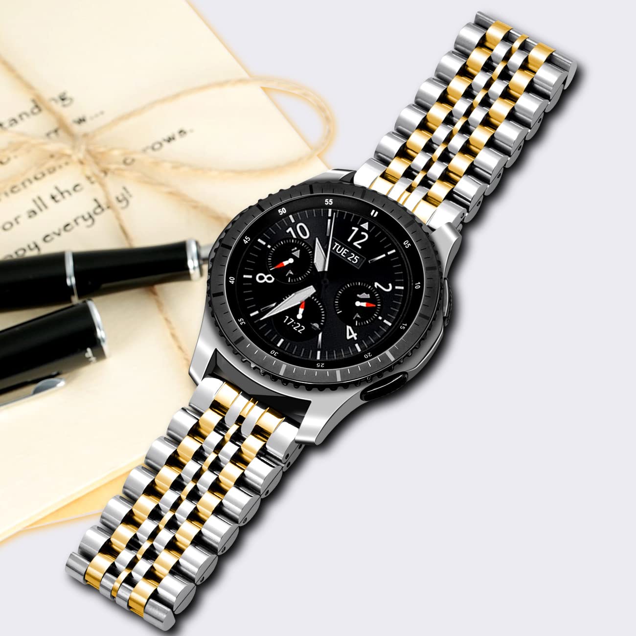 22mm Stainless Steel Smart Watch Band for Samsung Gear S3 Frontier & Classic, Galaxy Watch 46mm - Silver & Gold Metal Bracelet with Butterfly Clasp, Perfect for Workouts, Office & Formal Occasions