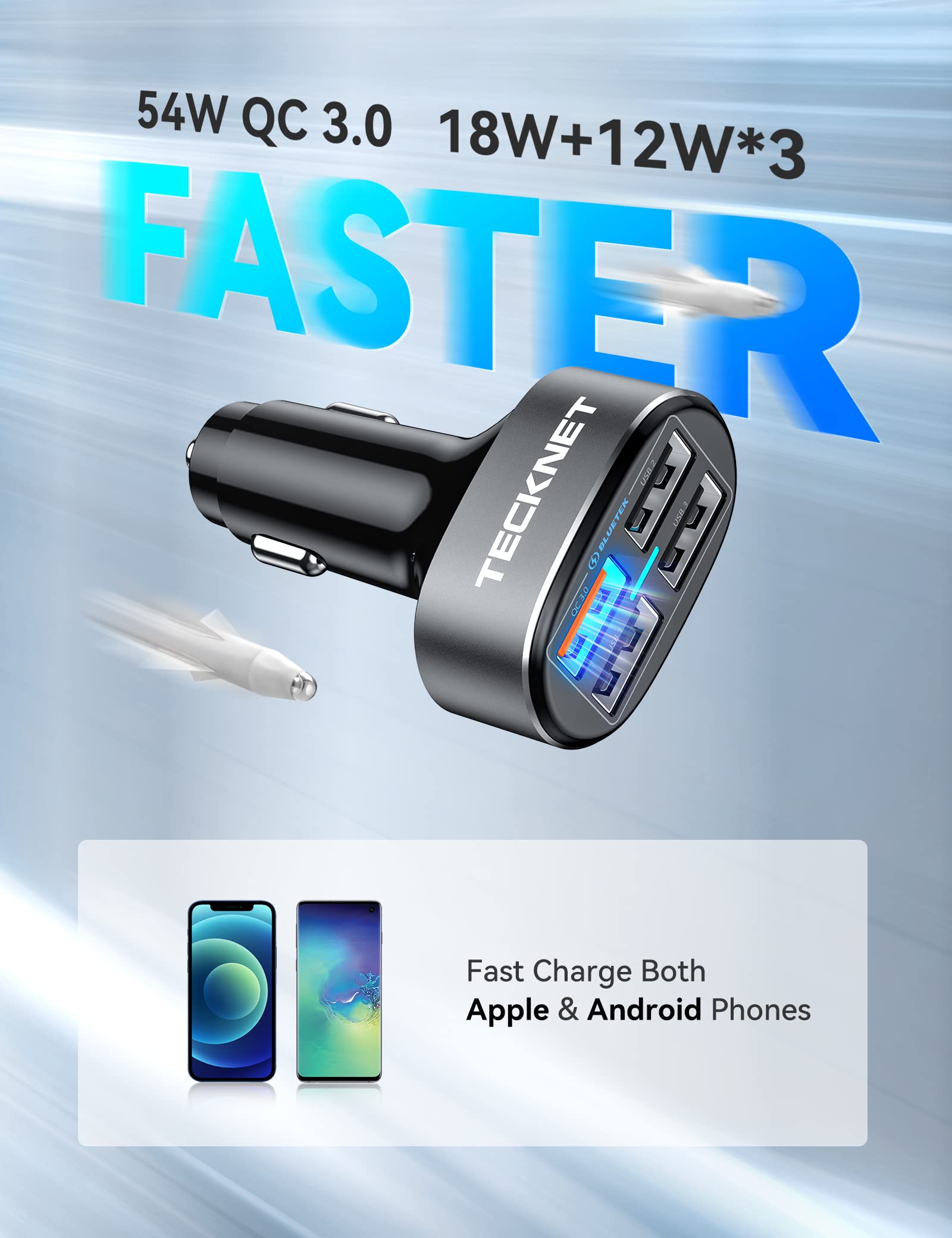 TECKNET 54W 4-Port USB Car Charger with QC 3.0 Fast Charging - Multi Port Car Adapter Compatible with iPhone 15 Pro Max/15 Plus/15/14/13, Samsung Galaxy - Perfect for Road Trips, Family Travel & Charging Multiple Devices On The Go