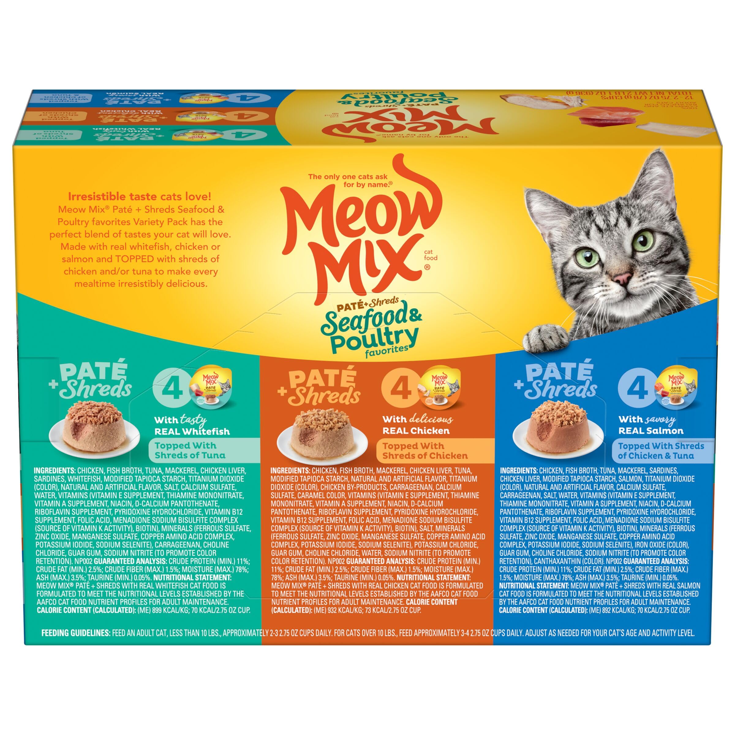 Meow Mix Paté & Shreds Wet Cat Food Variety Pack - 12 Seafood & Poultry Flavored 2.75oz Cups | Grain-Free Wet Cat Food for Adult Cats | Perfect for Picky Eaters, Travel & Mealtime Variety