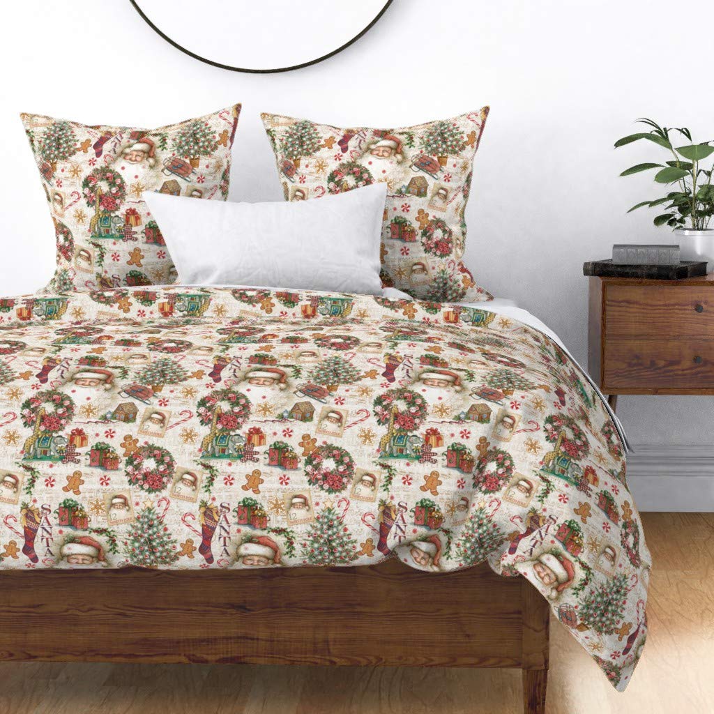 Christmas Vintage Holiday Cotton Sateen Duvet Cover Full/Queen - Gingerbread Santa North Pole Wreath Candy Claus Tree Antique Toys Stockings Print Custom Bedding Set | Cozy Winter Bedroom Decor for Holiday Season