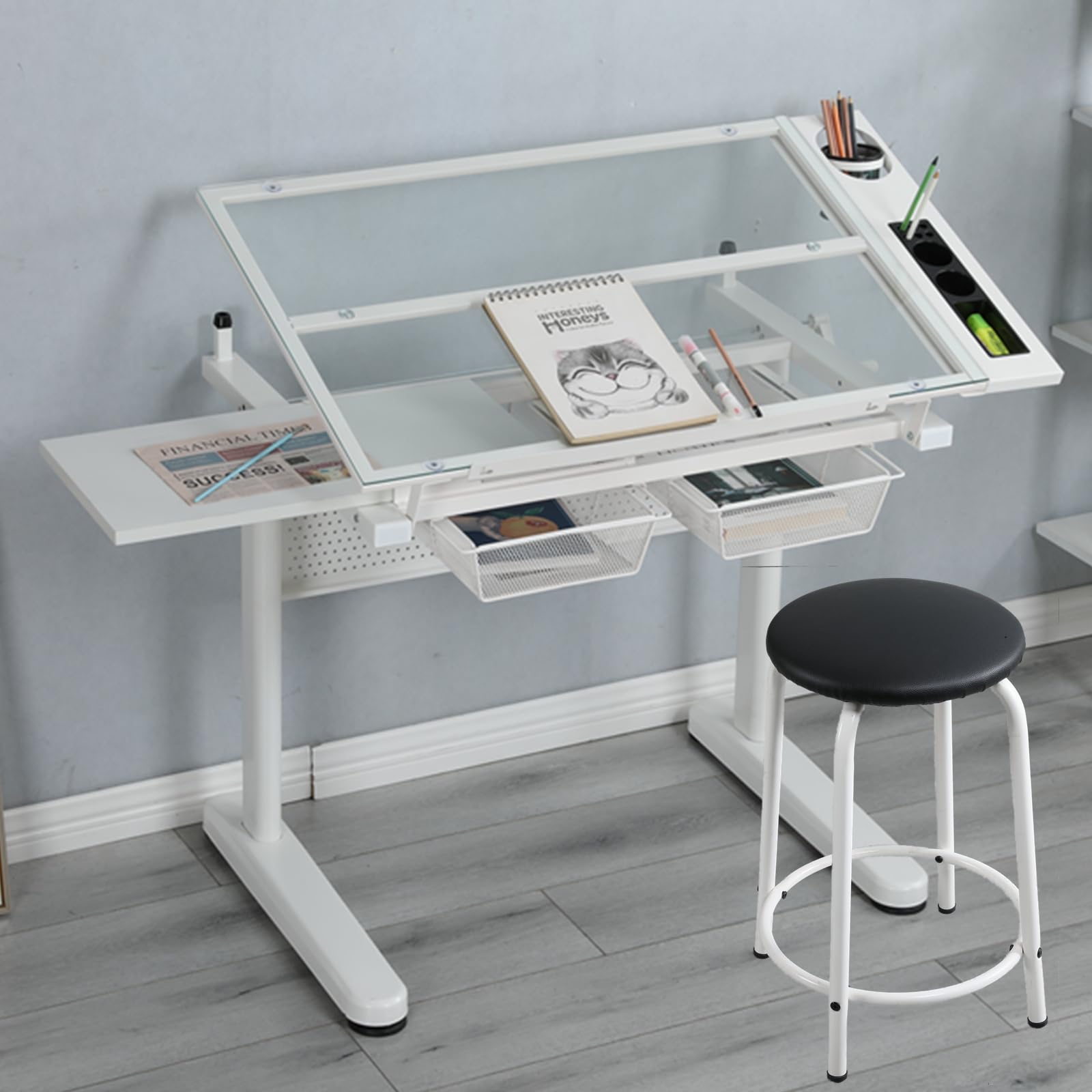 Upgraded Adjustable Height Glass Drafting Table with Hand Crank - Tilting Art & Craft Desk for Artists, Architects & Designers | Includes Stool, 2 Storage Drawers & Side Table | Perfect for Home Office, Studio & Creative Workspace (No.2-White)