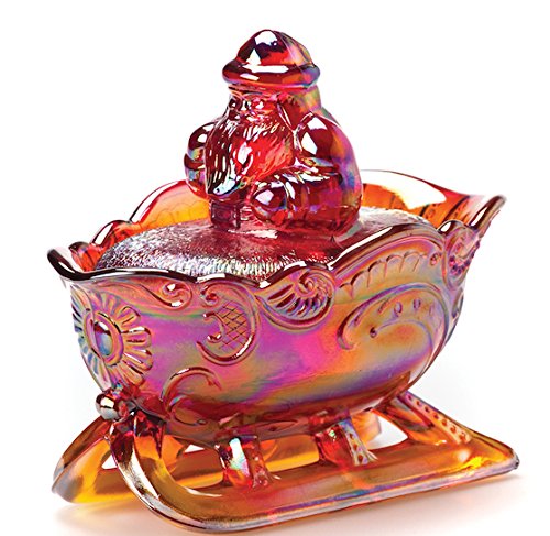 Santa On Sleigh - 2 Piece Candy Dish Set - Handcrafted in USA by Mosser Glass - Red Carnival Glass - Perfect for Holiday Decor & Christmas Candy Display