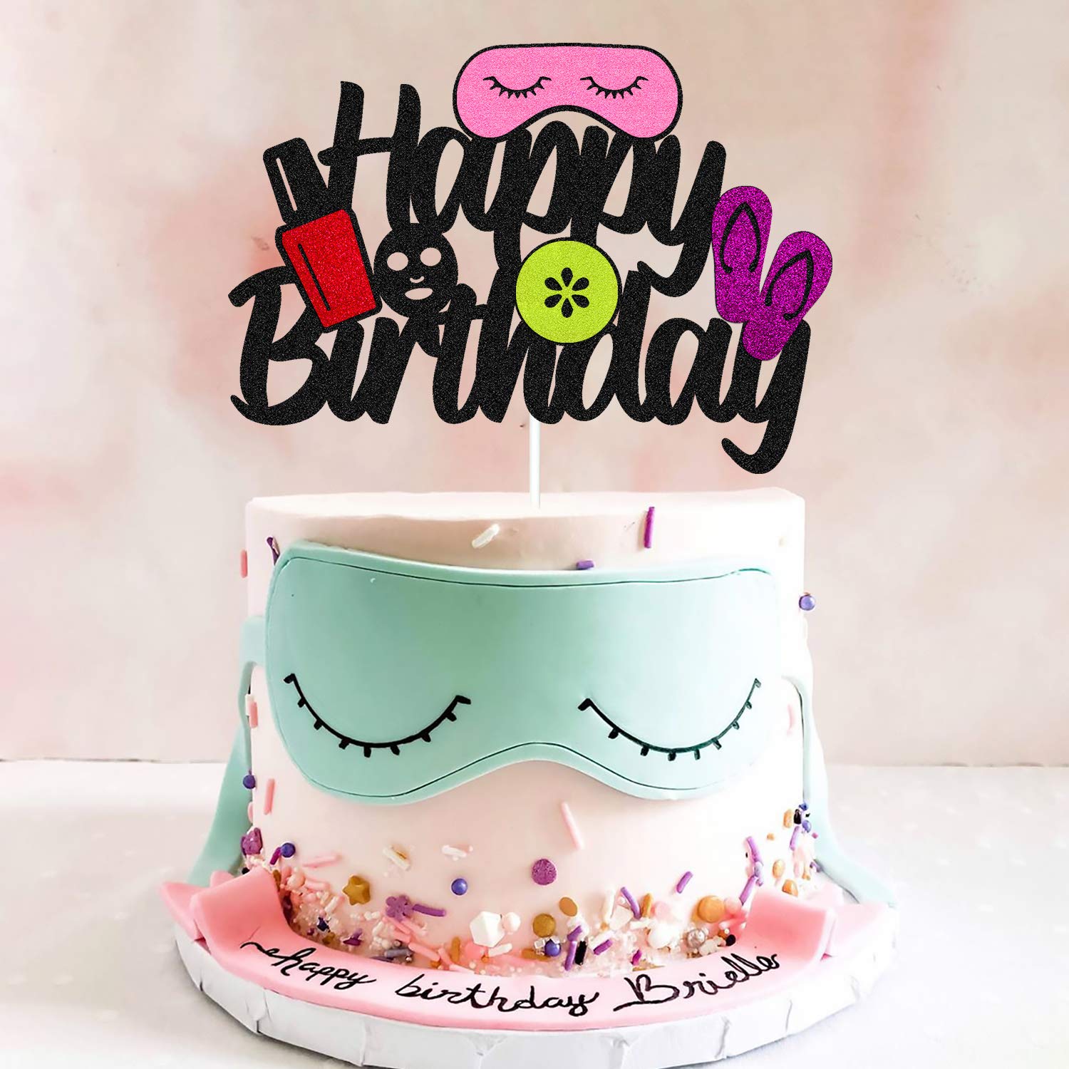 Spa Cake Topper for Birthday Party - Black Glitter Décor for Women's Spa Theme Celebration