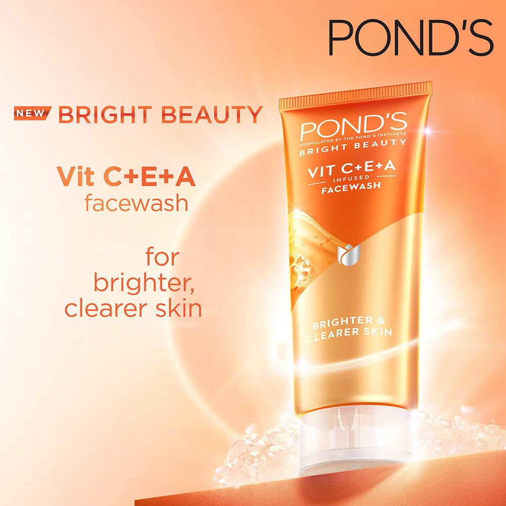 POND'S Bright Beauty Vitamin C+E+A Gel Face Wash 50ml - Brightening & Anti-Aging Facial Cleanser for Glowing Skin - Perfect for Morning & Night Skincare Routine