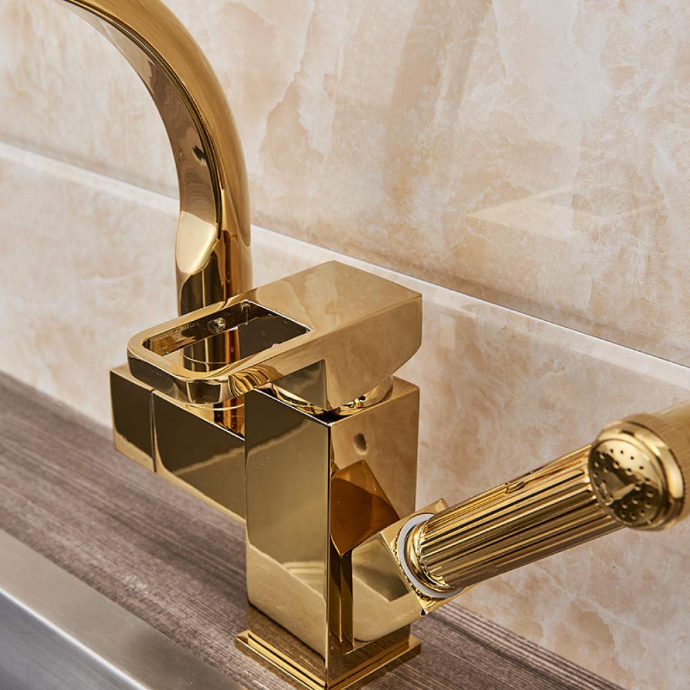 Premium Gold Kitchen Faucet with Pull-Out Sprayer - Single Handle Mixer Tap with Dual Swivel Spouts for Hot & Cold Water - Perfect for Modern Kitchens & Food Prep Stations
