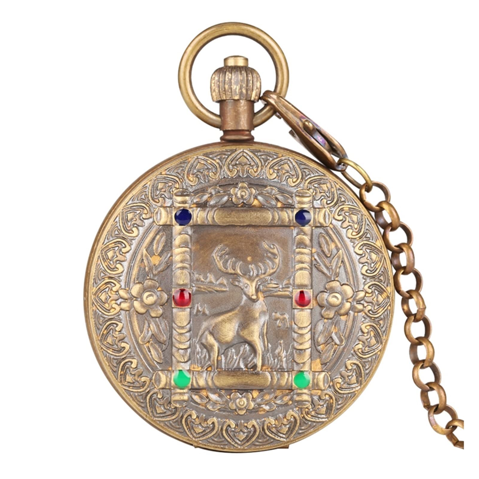 Vintage Mechanical Pocket Watch with Chain - Pure Copper Elk Deer Flower Design, Tourbillon Phase Sun - Perfect for Steampunk Fashion, Gifts & Collectibles