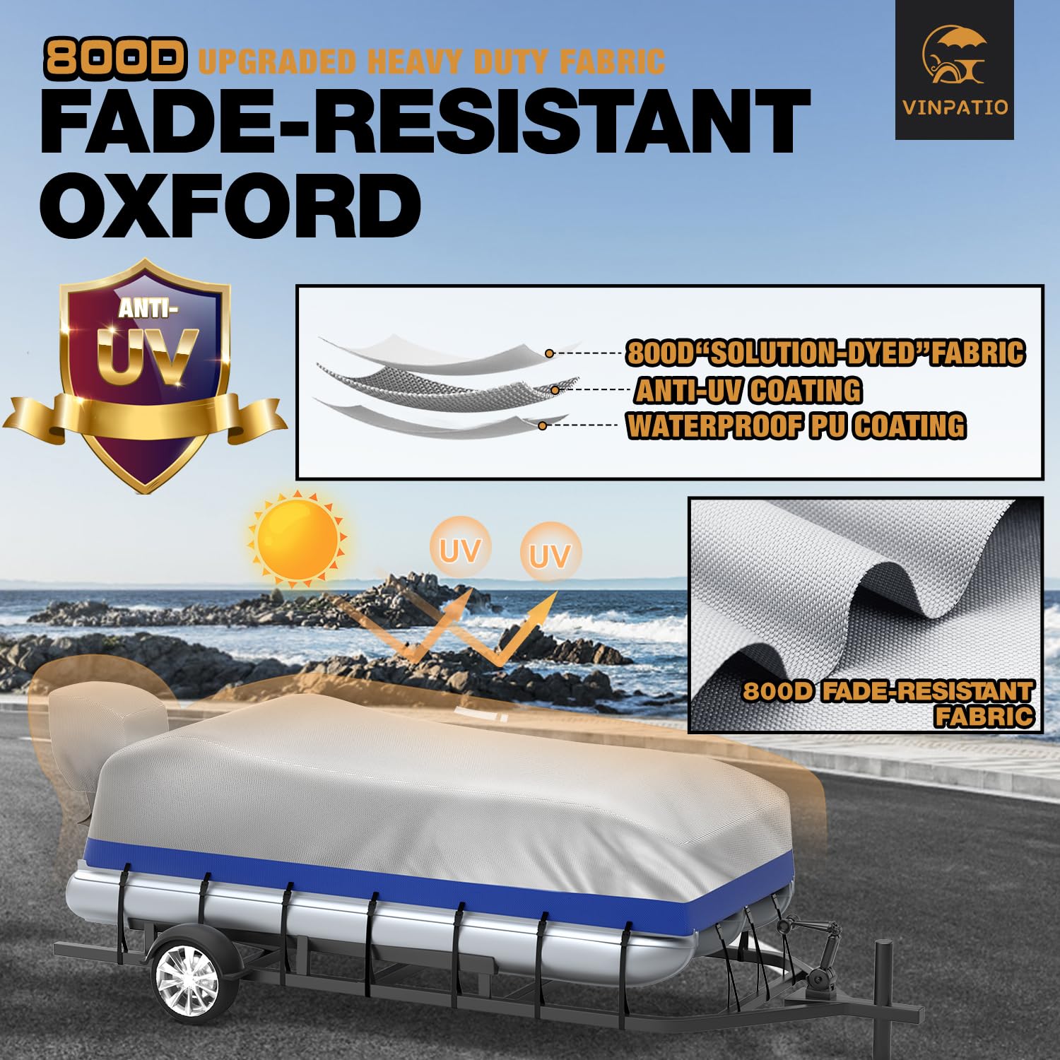 Heavy Duty 800D Marine Grade Waterproof Pontoon Boat Cover with Motor Cover - UV Resistant Solution-Dyed Polyester - Fits 25' to 28' Boats (Blue-Silver) - Perfect for Outdoor Storage & Dock Protection