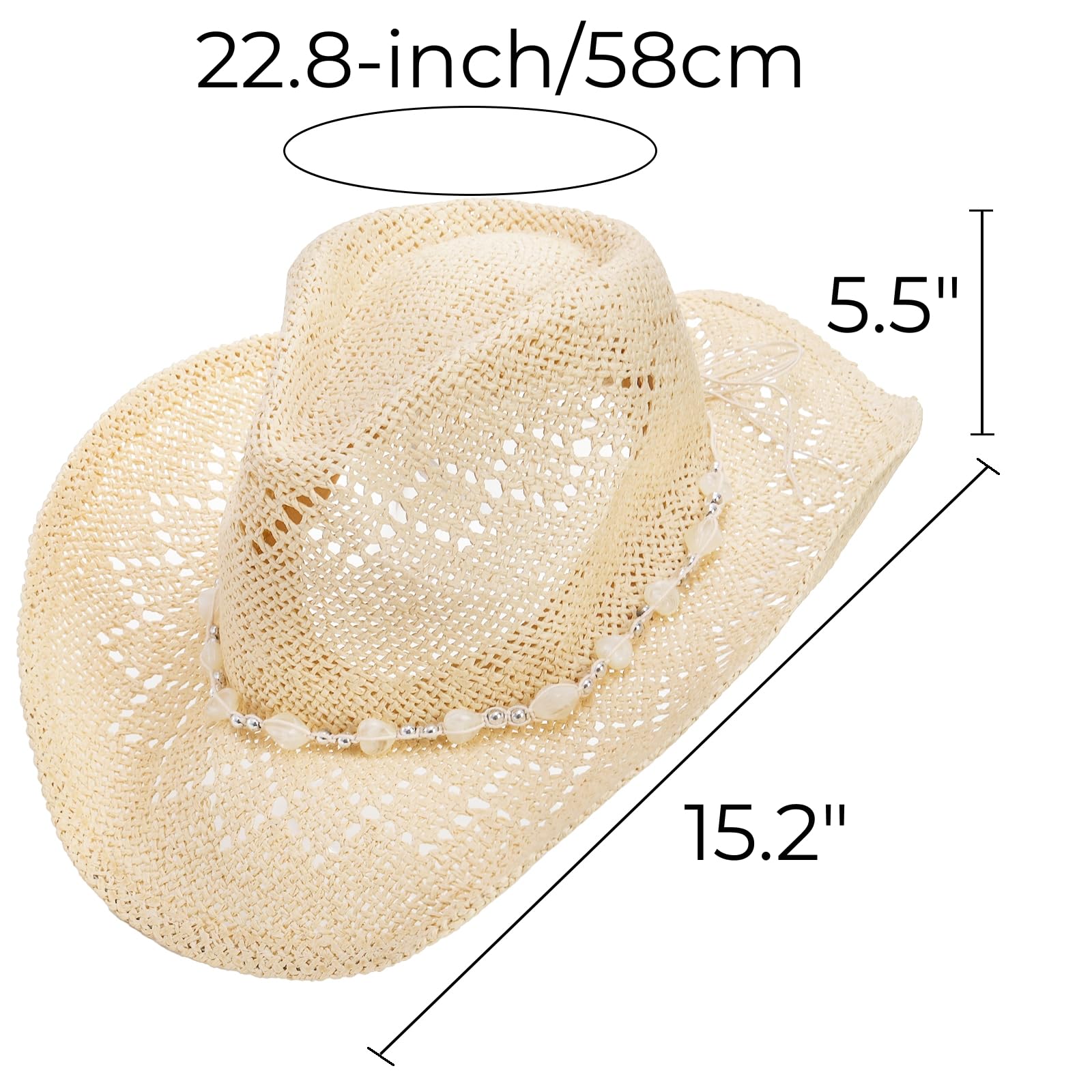 Hiceeden Women's Straw Cowboy Hat - Western Style Sun Hat with Adjustable Brim & Beaded Chain - Beach, Festival, and Outdoor Summer Accessories for Women & Men (Beige)