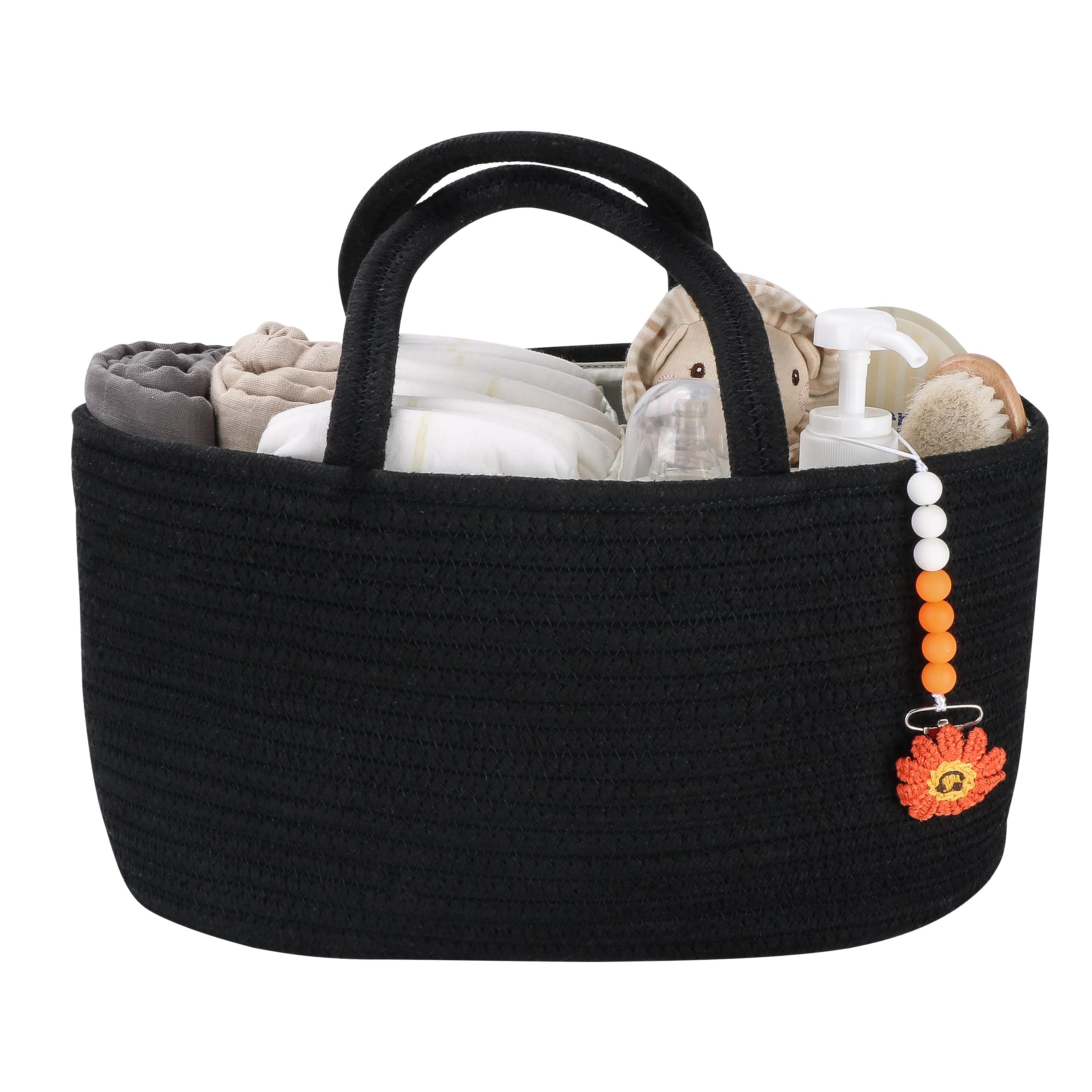 **Portable Baby Diaper Caddy Organizer - Cotton Rope Storage Bin Basket for Nursery, Changing Table & Travel - Perfect Baby Shower Gift & Registry Must-Have (Black)**    *(Great for organizing diapers, wipes, creams & newborn essentials at home or on-the-go!)*