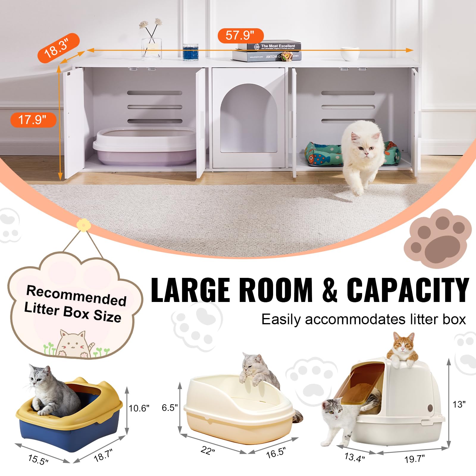 VEVOR Double Cat Litter Box Enclosure Furniture - Hidden Wooden Cabinet for 2 Cats with 2 Rooms, Fits Most Litter Boxes (57.9