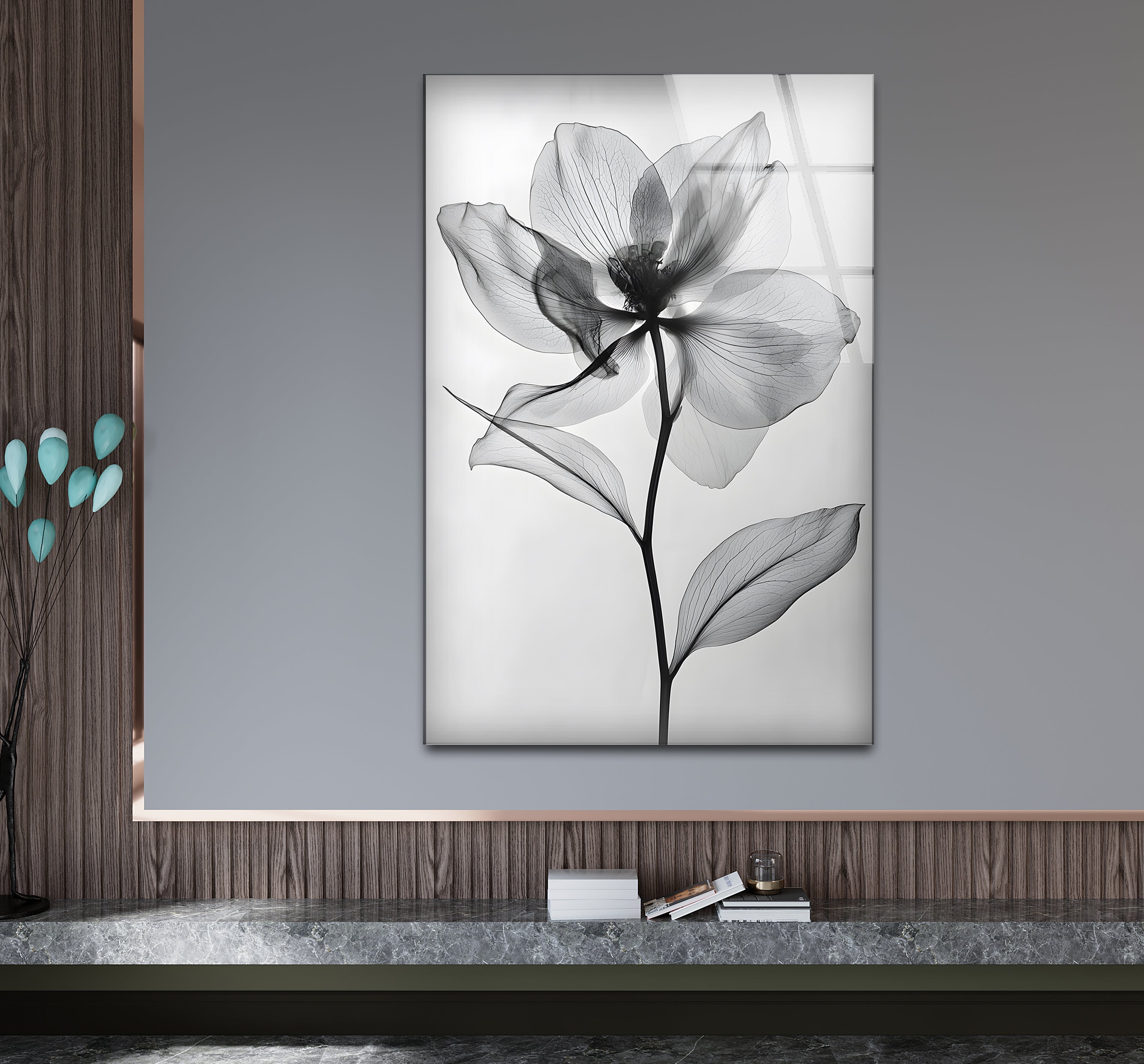 Black and White Flower Glass Wall Art - Elegant Home Decor for Living Room, Bedroom & Office