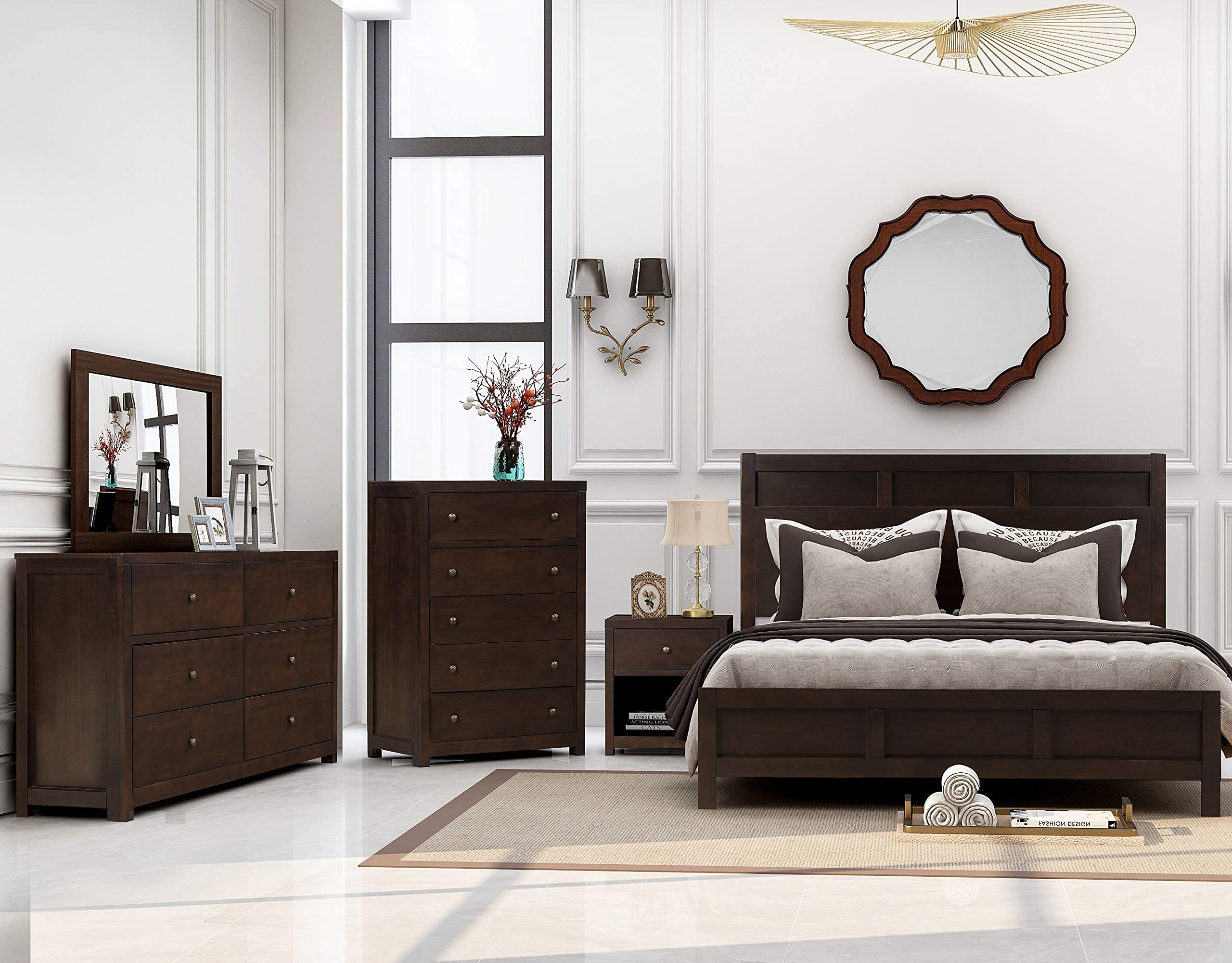 Philippe Style King Bedroom Furniture Set - 6 Piece Wooden King Size Bed, Dresser, 5-Drawer Chest, Mirror & 2 Nightstands for Luxurious Master Bedroom Decor