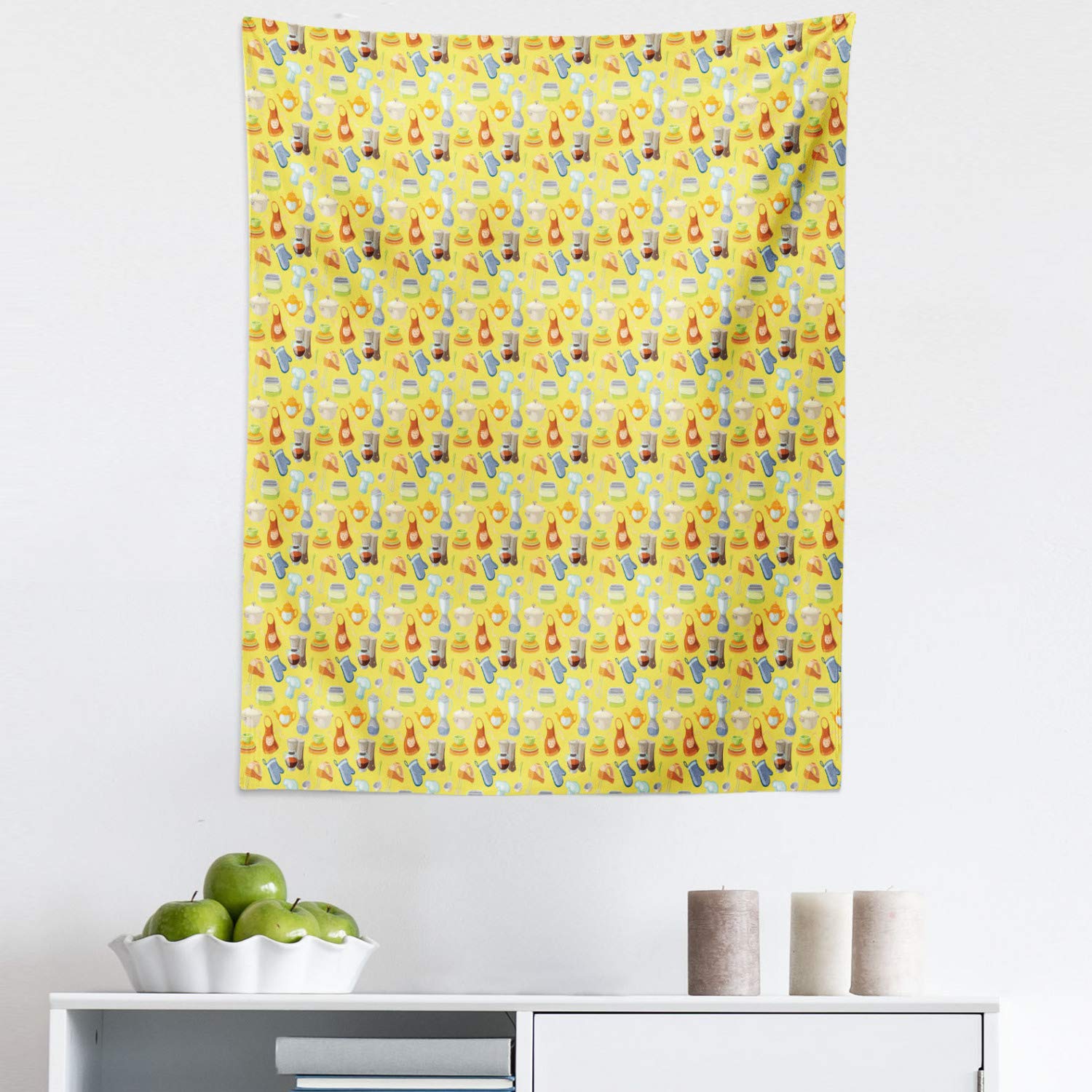 Ambesonne Colorful Kitchen Tapestry - Yellow Pattern Apron, Bowl, Chef Hat & Oven Gloves Design - Fabric Wall Decor for Bedroom, Living Room, Dorm - 23