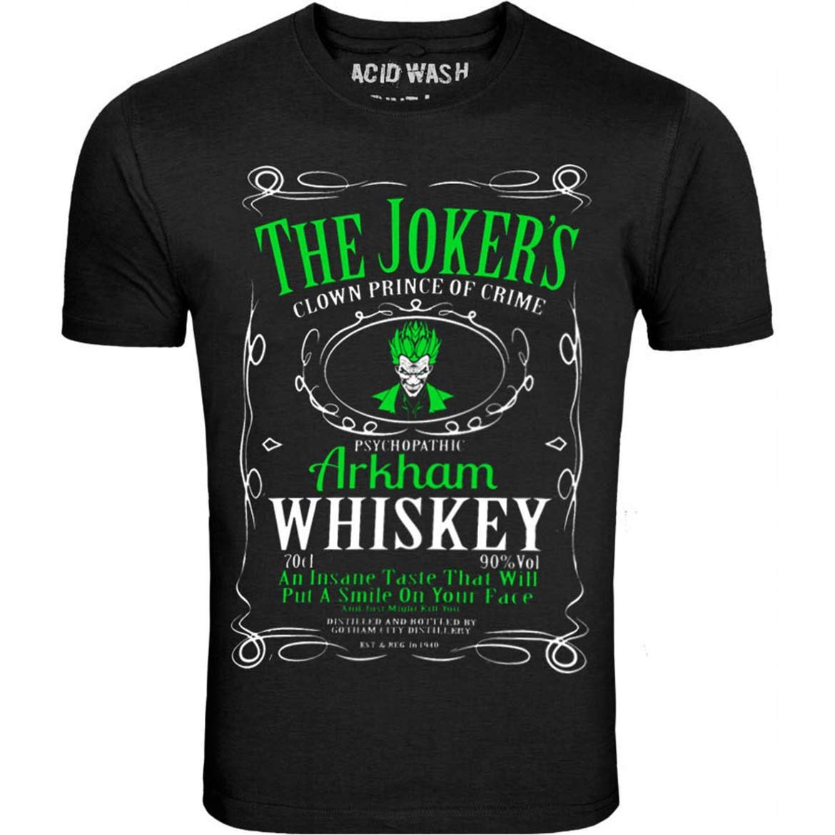 The Joker's Arkham Whiskey 'Put A Smile On Your Face' Graphic T-Shirt - Black | Batman Villain Tee for Cosplay & Comic Con