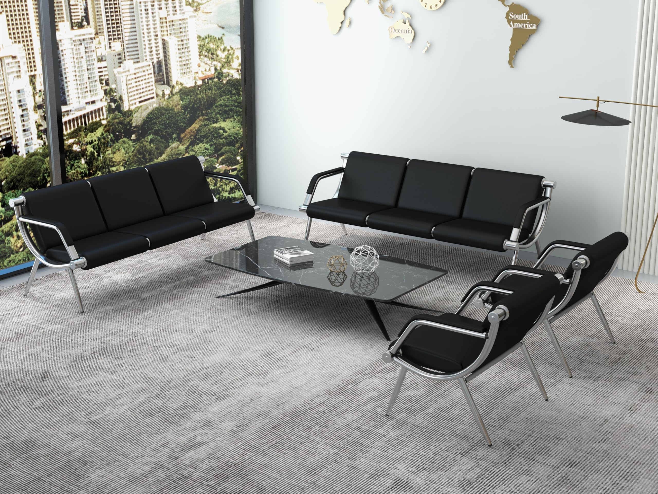 Kinsuite 3-Seat Office Reception Waiting Room Sofa - Black PU Leather Guest Chairs for Salon, Barber Shop, Airport, Bank Lobby & Visitor Areas - Perfect for Professional Waiting Rooms & Reception Areas
