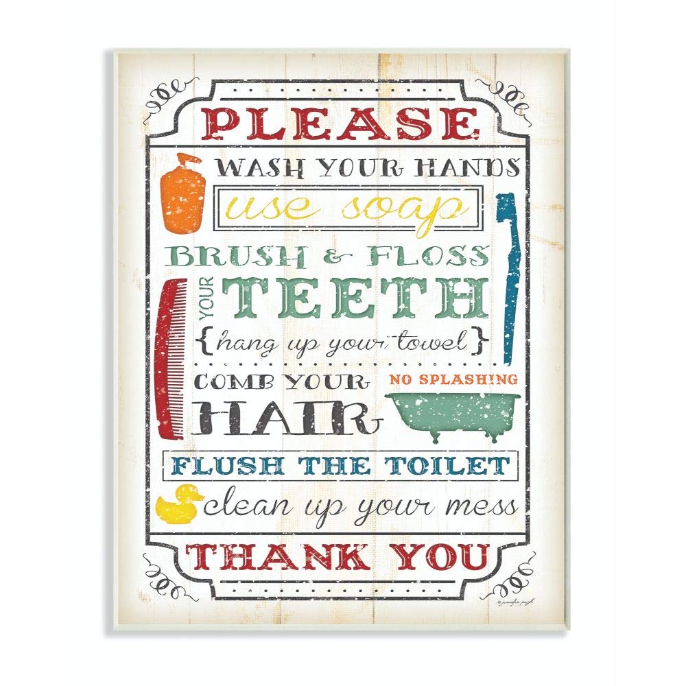 Stupell Home Décor 'Wash Your Hands' Typography Bathroom Wall Plaque - Multicolored, 10x0.5x15 Inches - Made in USA - Perfect for Bathroom Decor, Guest Bathroom Sign & Hygiene Reminder
