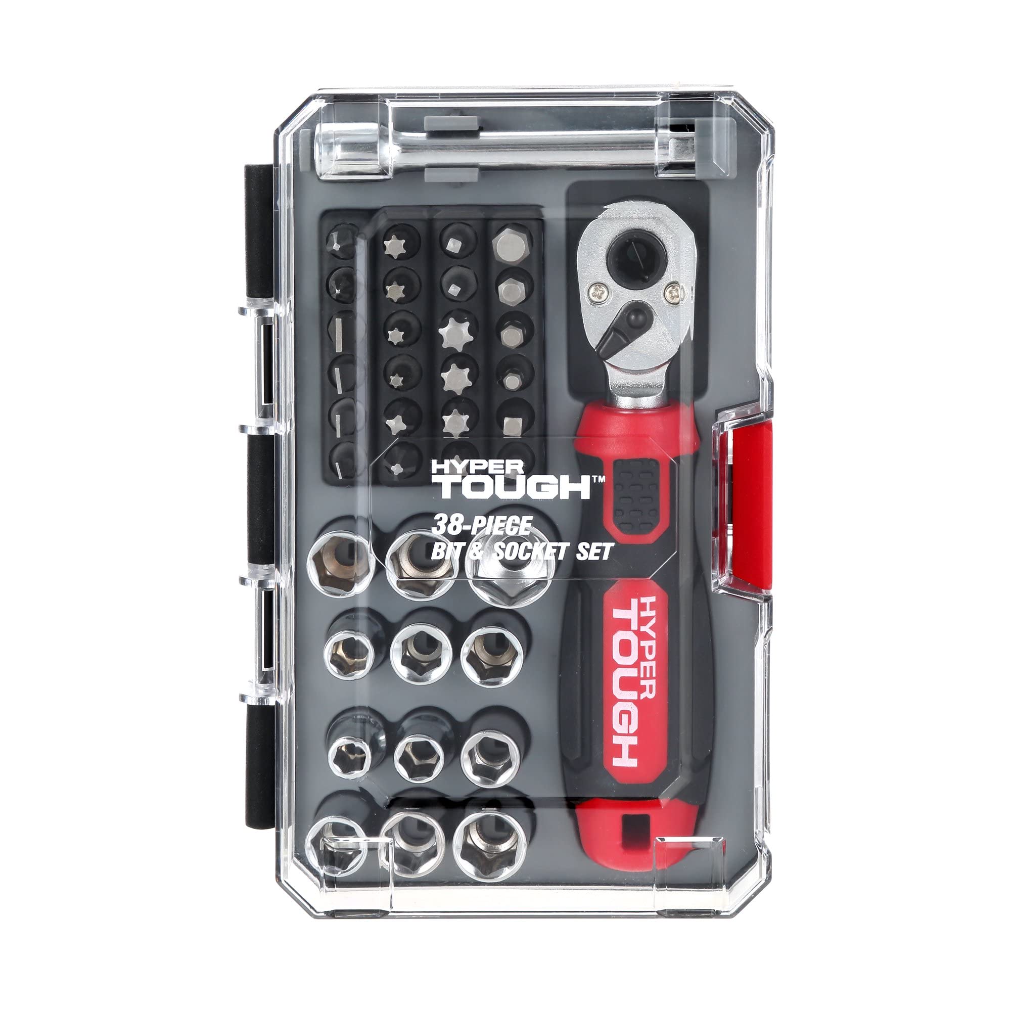 Hyper Tough 38-Piece SAE & Metric Socket and Screwdriver Bit Set with Ratchet Wrench & 3-in Extension Bar - Perfect for Automotive Repair, Home Improvement, and DIY Projects