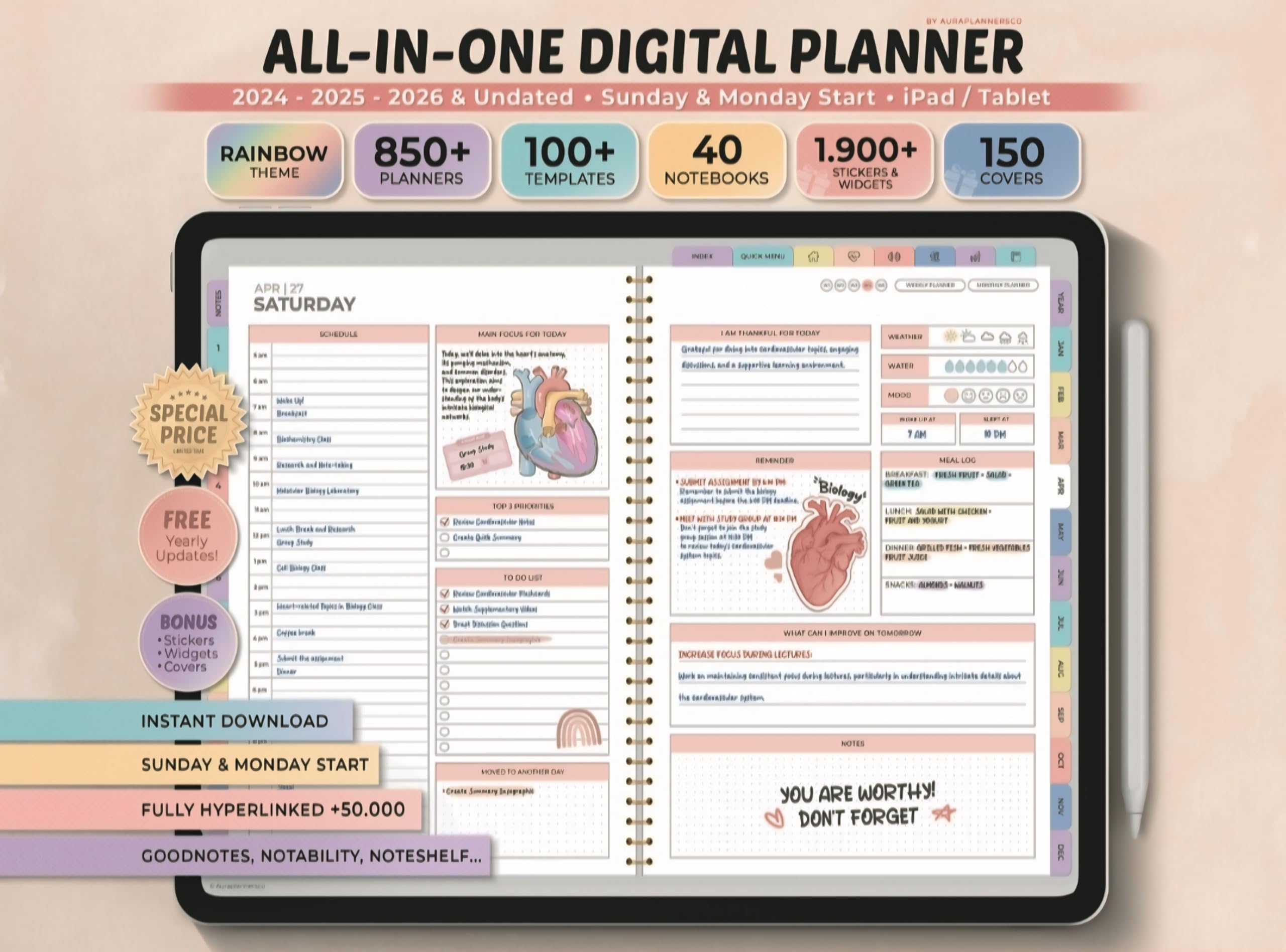 2024-2026 All-in-One Digital Planner | Ultimate Productivity Tool for Students & Professionals | Perfect for iPad, Tablet & Smartphone Planning
