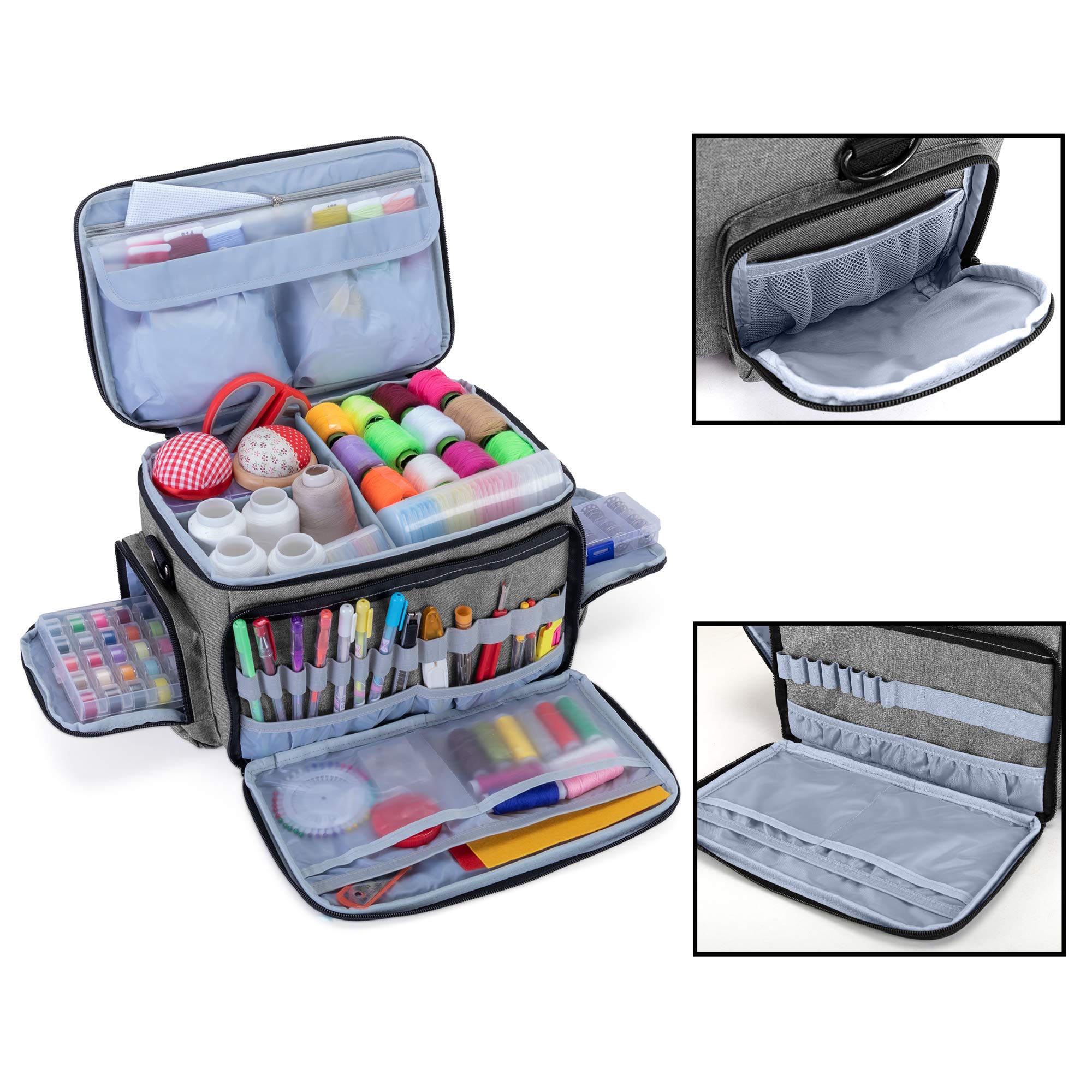 Luxja High Capacity Sewing Accessories Organizer Bag with Adjustable Shoulder Strap - Patent Design Gray Sewing Supplies Storage for Quilting, Embroidery & Craft Projects at Home or Travel