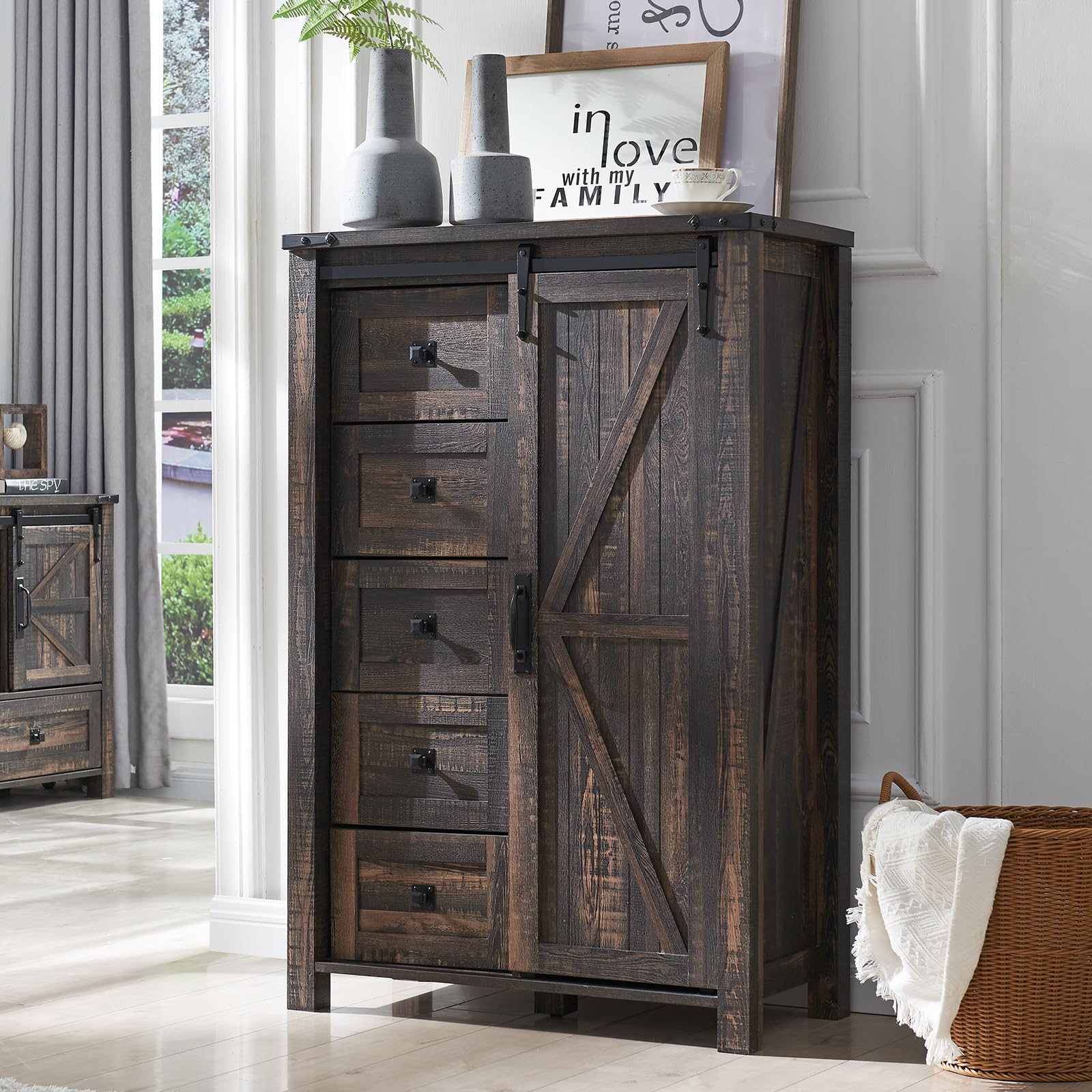 Modern 5-Drawer Dresser with Sliding Barn Door - Farmhouse Tall Chest of Drawers for Bedroom Storage - Rustic Oak Organizer for Hallway, Living Room & Kids Room - Perfect for Small Space Organization & Farmhouse Decor