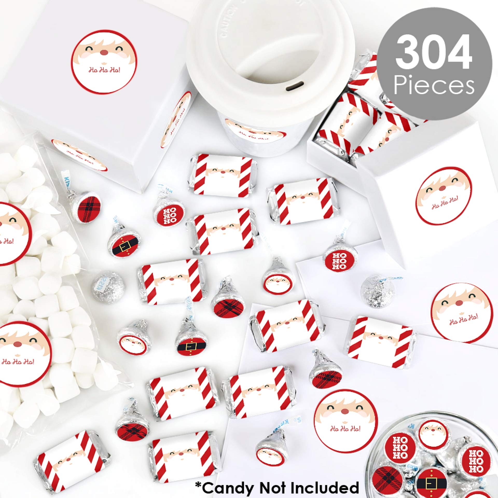 Big Dot of Happiness Jolly Santa Claus Mini Candy Bar Wrappers - 304pcs Christmas Candy Stickers Kit with Round & Circle Stickers for Holiday Party Favors, Gifts & Classroom Treats