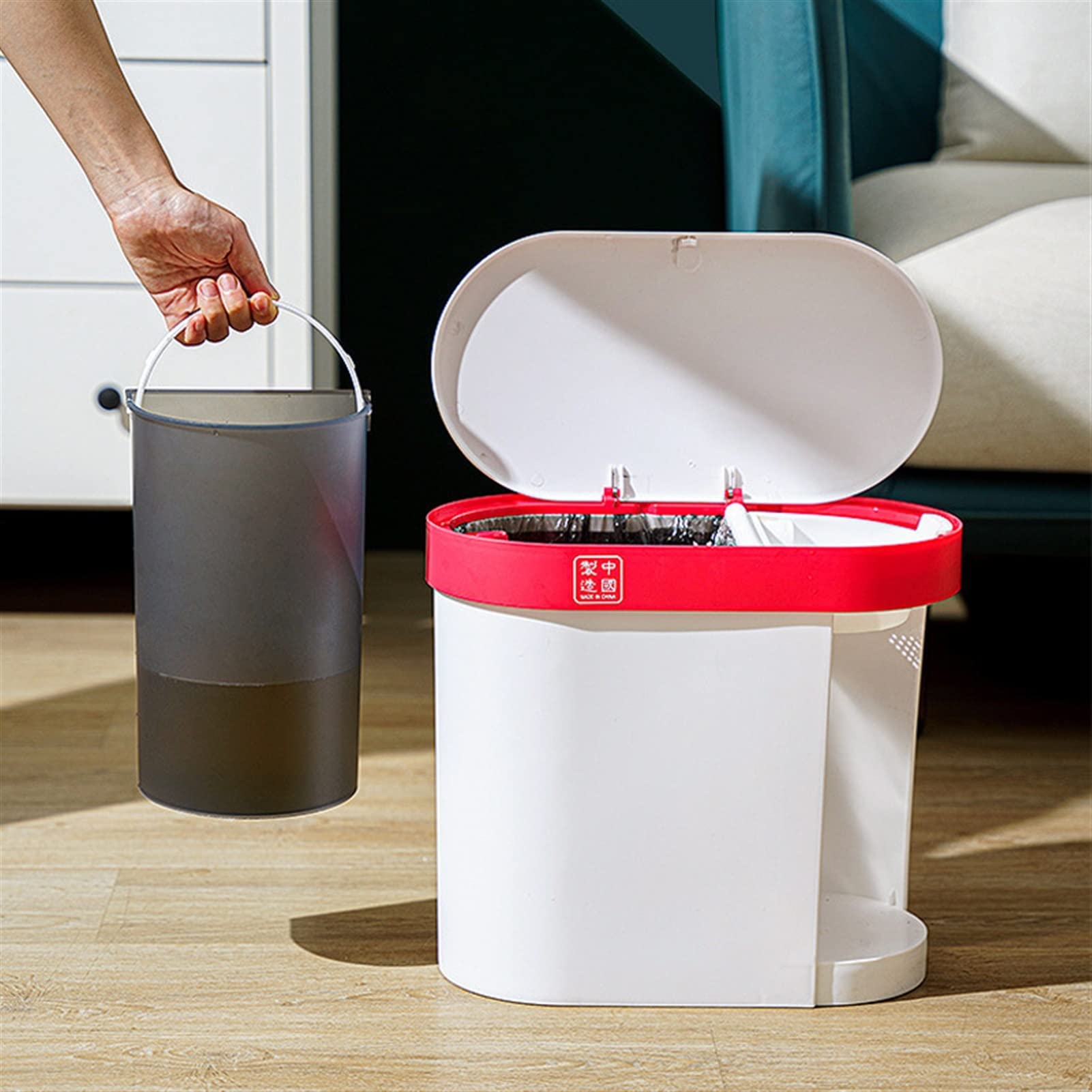TOMYEUS 13 Gallon Kitchen Trash Can with Lid - Plastic Waste Bin for Dry & Wet Separation, Tea Residue Filter & Drain - Ideal for Home, Office, Restaurant Use