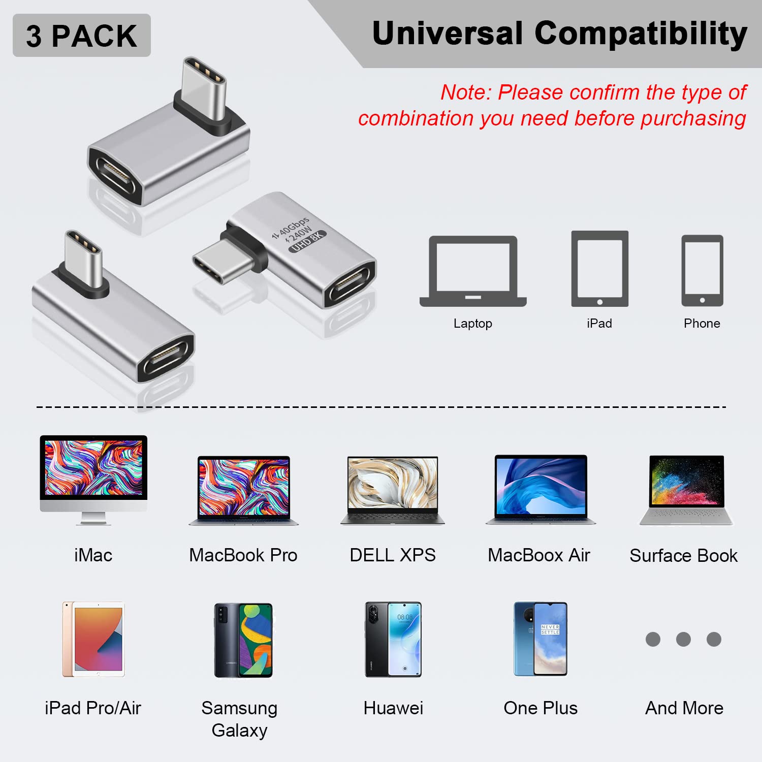 90° USB C Adapter 3Pack - 40Gbps, 240W, 8K Video for MacBook & Steam Deck